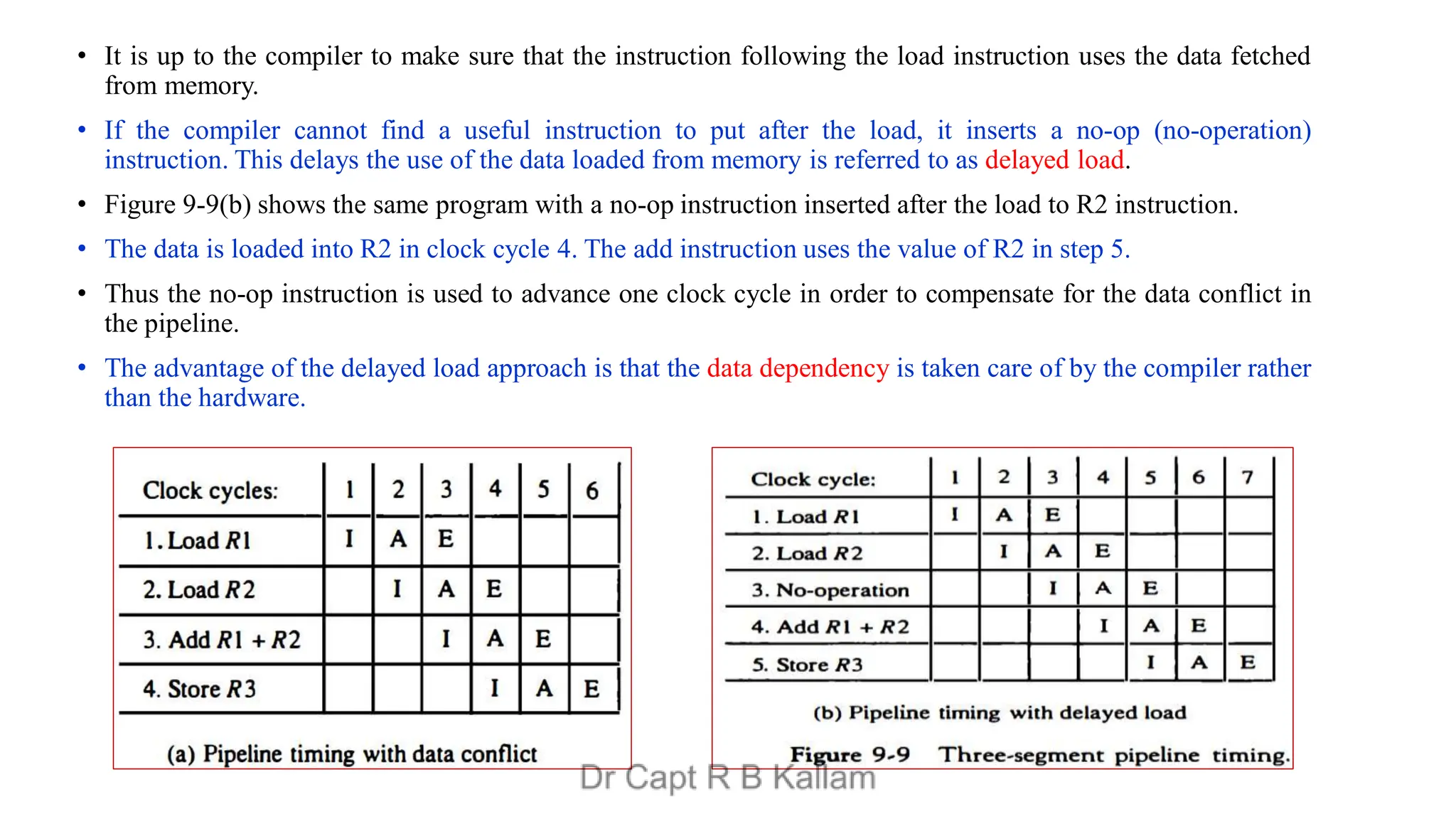 • It is up to the compiler to make sure that the instruction following the load instruction uses the data fetched
from memory.
• If the compiler cannot find a useful instruction to put after the load, it inserts a no-op (no-operation)
instruction. This delays the use of the data loaded from memory is referred to as delayed load.
• Figure 9-9(b) shows the same program with a no-op instruction inserted after the load to R2 instruction.
• The data is loaded into R2 in clock cycle 4. The add instruction uses the value of R2 in step 5.
• Thus the no-op instruction is used to advance one clock cycle in order to compensate for the data conflict in
the pipeline.
• The advantage of the delayed load approach is that the data dependency is taken care of by the compiler rather
than the hardware.
 