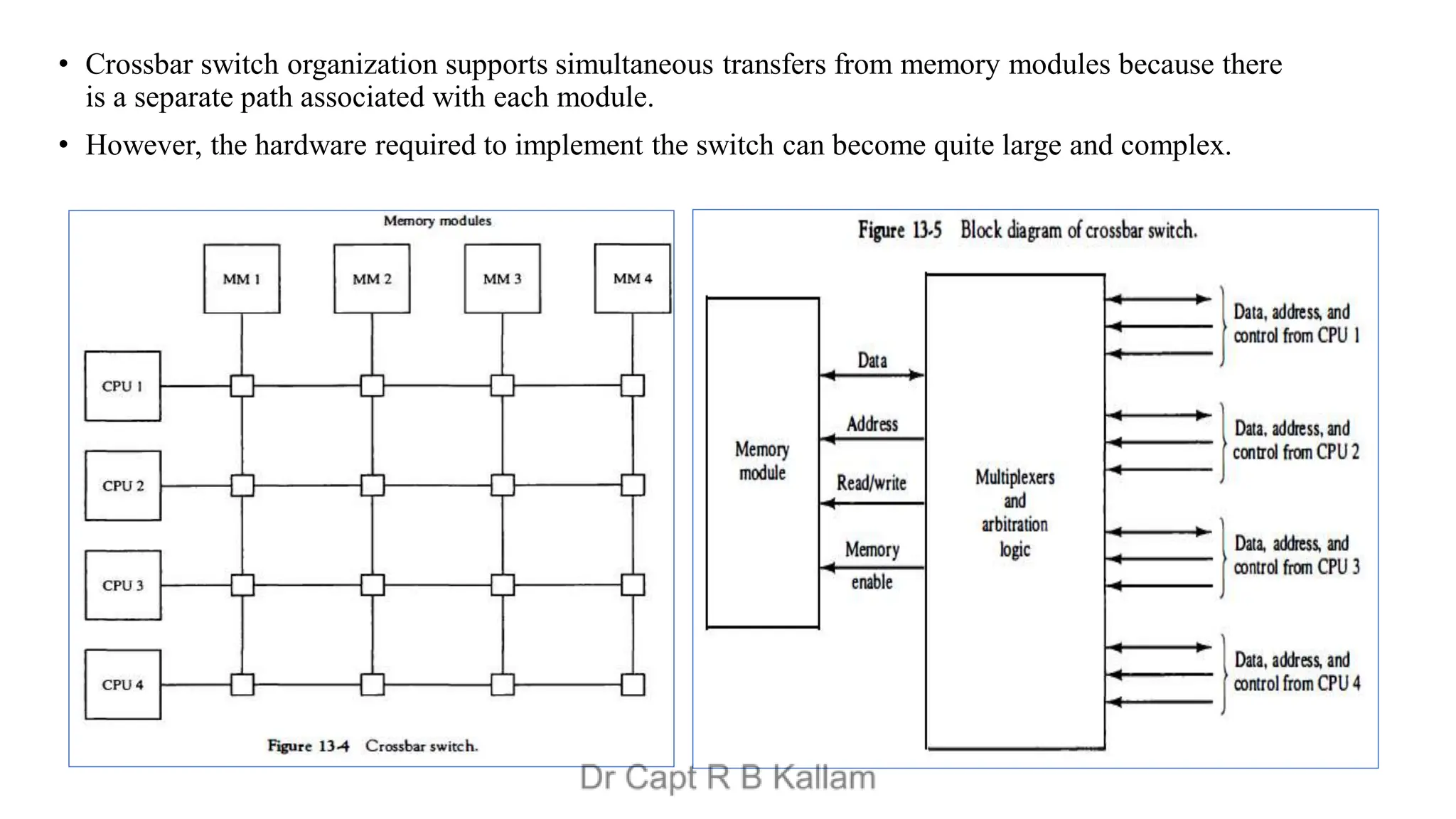 • Crossbar switch organization supports simultaneous transfers from memory modules because there
is a separate path associated with each module.
• However, the hardware required to implement the switch can become quite large and complex.
 