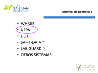 Sistema de Etiquetado
• WHMIS
• NFPA
• DOT
• SAF-T-DATA™
• LAB GUARD ™
• OTROS SISTEMAS
 