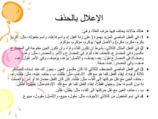 ‫بالحذف‬ ‫اإلعالل‬
‫بالحذف‬ ‫اإلعالل‬
•
:‫وهي‬ ،‫العلة‬ ‫حرف‬ ‫فيها‬ ‫يحذف‬ ‫حاالت‬ ‫هناك‬
•
1
(‫أكرم‬ :‫مثل‬ ،‫مفعوله‬ ‫واسم‬ ،‫فاعله‬ ‫واسم‬ ،) ‫أفعل‬ ‫زنة‬ ‫على‬ ( ‫بهمزة‬ ‫المزيد‬ ‫الماضي‬ ‫الفعل‬ ‫في‬ ‫ـ‬
.‫م‬َ
‫مؤكر‬ ،‫م‬ِ
‫مؤكر‬ ،‫يؤكرم‬ :‫فيها‬ ‫واألصل‬ )‫م‬َ
‫مكر‬ ،‫م‬ِ
‫مكر‬ ،‫يكرم‬
•
2
‫المضارع‬ ‫في‬ ‫مفتوحة‬ ‫العين‬ ‫تكون‬ ‫وأن‬ ،‫ا‬ً
‫واو‬ ‫الفاء‬ ‫تكون‬ ‫أن‬ ‫بشرط‬ ،‫الثالثي‬ ‫المثال‬ ‫الفعل‬ ‫في‬ ‫ـ‬
،‫وعد‬ :‫مثل‬ ،‫والمصدر‬ ‫واألمر‬ ‫المضارع‬ ‫في‬ ‫الواو‬ ‫هذه‬ ‫فتحذف‬ ،‫المضارع‬ ‫في‬ ‫مكسورة‬
،‫عد‬ :‫نقول‬ ‫األمر‬ ‫وفي‬ ،‫ف‬ ِ
‫ص‬ْ
‫يو‬ ،‫د‬ِ
‫ع‬ْ
‫يو‬ :‫واألصل‬ ،‫يصف‬ ،‫يعد‬ :‫نقول‬ ‫المضارع‬ ‫في‬ //‫وصف‬
.‫صفة‬ ،‫عدة‬ :‫المصدر‬ ‫وفي‬ ،‫صف‬
•
3
‫للضمائر‬ ‫إسناده‬ ‫عند‬ ‫لك‬ ‫يجوز‬ ، ‫العين‬ ‫مكسور‬ ‫كان‬ ‫إذا‬ ‫الثالثي‬ ‫المضعف‬ ‫الماضي‬ ‫الفعل‬ ‫في‬ ‫ـ‬
‫جـ‬ .‫ت‬ْ‫ل‬ َ
‫ظ‬ :‫مثل‬ ،‫عينه‬ ‫حذف‬ ‫ـ‬ ‫ب‬ ‫ت‬ْ‫ِل‬‫ل‬ َ
‫ظ‬ :‫مثل‬ ،‫اإلدغام‬ ‫فك‬ ‫مع‬ ‫هو‬ ‫كما‬ ‫الفعل‬ ‫إبقاء‬ ‫أـ‬:‫أوجه‬ ‫ثالثة‬
‫واتصلت‬ ‫ا‬ً
‫أمر‬ ‫أو‬ ‫ا‬ً
‫مضارع‬ ‫الفعل‬ ‫كان‬ ‫فإن‬ .‫ت‬ْ‫ل‬ ِ
‫ظ‬ :‫مثل‬ ،‫الفاء‬ ‫إلى‬ ‫حركتها‬ ‫نقل‬ ‫مع‬ ‫العين‬ ‫حذف‬ ‫ـ‬
.‫ن‬ْ‫ِل‬‫ل‬ ْ
‫اظ‬ ،‫ن‬ْ‫ِل‬‫ل‬ ْ
‫يظ‬ :‫مثل‬،‫اإلدغام‬ ‫فك‬ ‫مع‬ ‫هو‬ ‫كما‬ ‫الفعل‬ ‫إبقاء‬ ‫أـ‬:‫فقط‬ ‫وجهان‬ ‫جاز‬ ‫النسوة؛‬ ‫نون‬ ‫به‬
•
.‫ن‬ْ‫ل‬ ِ
‫ظ‬ ،َ
‫ن‬ْ‫ل‬ ِ
‫يظ‬ :‫مثل‬ ،‫الفاء‬ ‫إلى‬ ‫حركتها‬ ‫نقل‬ ‫مع‬ ‫العين‬ ‫حذف‬ ‫ـ‬ ‫ـ‬ ‫ب‬
•
4
.‫مبيوع‬ ،‫مقوول‬ :‫واألصل‬ ،‫مبيع‬ ،‫مقول‬ :‫مثل‬ ،‫األجوف‬ ‫الثالثي‬ ‫من‬ ‫المفعول‬ ‫اسم‬ ‫في‬ ‫ـ‬
 