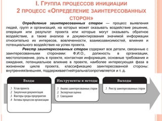 I. ГРУППА ПРОЦЕССОВ ИНИЦИАЦИИ
2 ПРОЦЕСС «ОПРЕДЕЛЕНИЕ ЗАИНТЕРЕСОВАННЫХ
СТОРОН»
Определение заинтересованных сторон — процесс выявления
людей, групп и организаций, на которых может оказывать воздействие решение,
операция или результат проекта или которые могут оказывать обратное
воздействие, а также анализа и документирования значимой информации
относительно их интересов, вовлеченности, взаимозависимостей, влияния и
потенциального воздействия на успех проекта.
Реестр заинтересованных сторон содержит все детали, связанные с
заинтересованными сторонами: Ф.И.О., должность в организации,
местоположение, роль в проекте, контактная информация, основные требования и
ожидания, потенциальное влияние в проекте, наиболее интересующая фаза в
жизненном цикле проекта, классификацию заинтересованной стороны:
внутренняя/внешняя, поддерживает/нейтральна/сопротивляется и т. д.
 