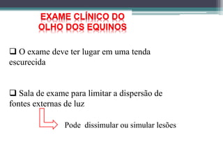 EXAME CLÍNICO DO
OLHO DOS EQUINOS
 O exame deve ter lugar em uma tenda
escurecida
 Sala de exame para limitar a dispersão de
fontes externas de luz
Pode dissimular ou simular lesões
 