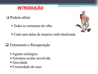  Podem afetar
 Todas as estruturas do olho
 Cada uma delas de maneira individualizada
INTRODUÇÃO
 Tratamento e Recuperação
 Agente etiológico
 Estrutura ocular envolvida
 Gravidade
 Cronicidade do caso
 