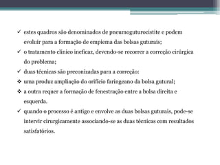  estes quadros são denominados de pneumoguturocistite e podem
evoluir para a formação de empiema das bolsas guturais;
 o tratamento clinico ineficaz, devendo-se recorrer a correção cirúrgica
do problema;
 duas técnicas são preconizadas para a correção:
 uma produz ampliação do orifício faringeano da bolsa gutural;
 a outra requer a formação de fenestração entre a bolsa direita e
esquerda.
 quando o processo é antigo e envolve as duas bolsas guturais, pode-se
intervir cirurgicamente associando-se as duas técnicas com resultados
satisfatórios.
 