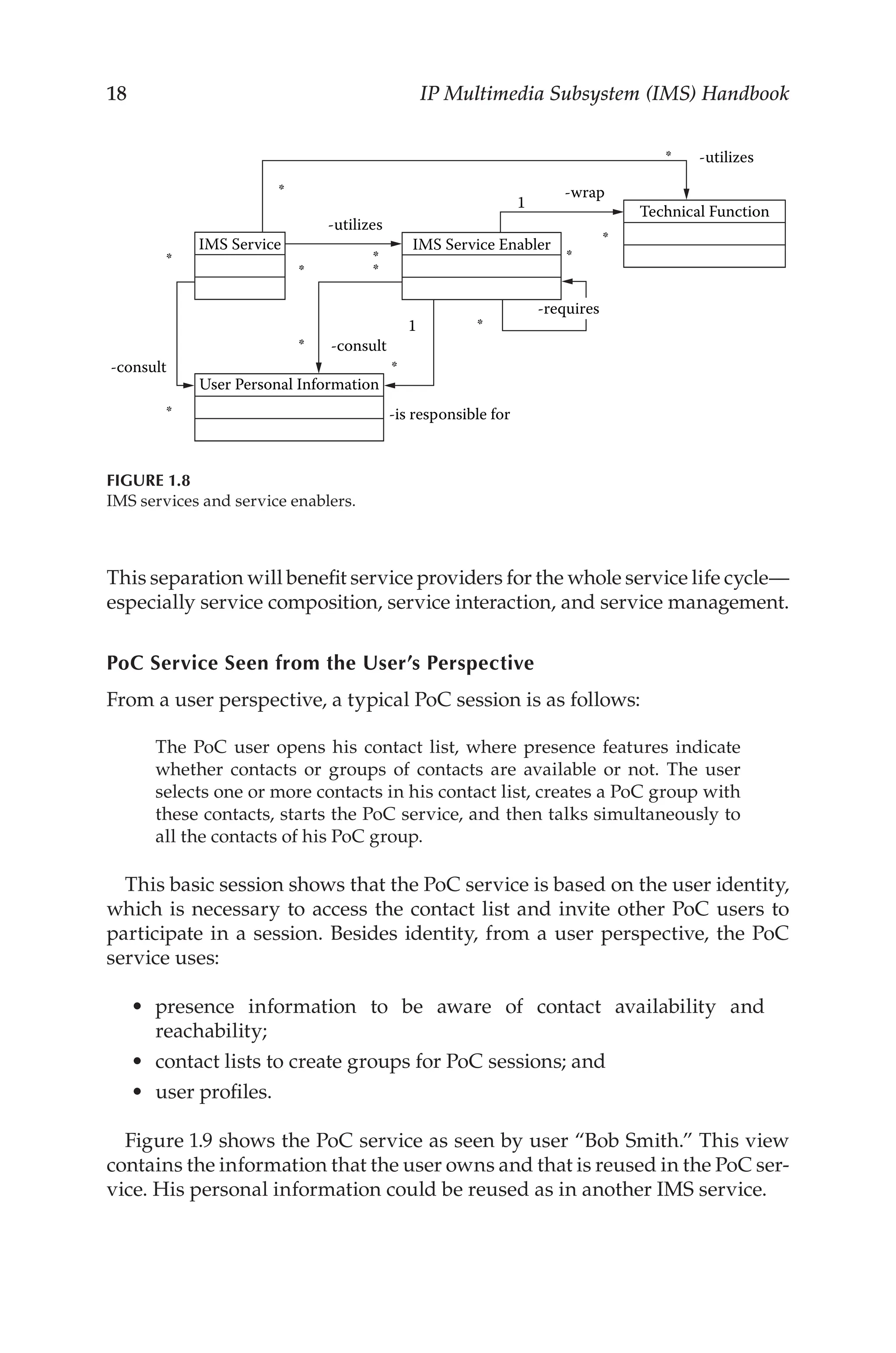 18 IP Multimedia Subsystem (IMS) Handbook
This separation will benefit service providers for the whole service life cycle—
especially service composition, service interaction, and service management.
PoC Service Seen from the User’s Perspective
From a user perspective, a typical PoC session is as follows:
The PoC user opens his contact list, where presence features indicate
whether contacts or groups of contacts are available or not. The user
selects one or more contacts in his contact list, creates a PoC group with
these contacts, starts the PoC service, and then talks simultaneously to
all the contacts of his PoC group.
This basic session shows that the PoC service is based on the user identity,
which is necessary to access the contact list and invite other PoC users to
participate in a session. Besides identity, from a user perspective, the PoC
service uses:
presence information to be aware of contact availability and
reachability;
contact lists to create groups for PoC sessions; and
user profiles.
Figure 1.9 shows the PoC service as seen by user “Bob Smith.” This view
contains the information that the user owns and that is reused in the PoC ser-
vice. His personal information could be reused as in another IMS service.
•
•
•
IMS Service
User Personal Information
IMS Service Enabler
Technical Function
-utilizes
-wrap
1
-is responsible for
-consult
-consult
-utilizes
*
*
*
*
*
*
*
*
*
*
*
*
1
-requires
Figure 1.8
IMS services and service enablers.
 