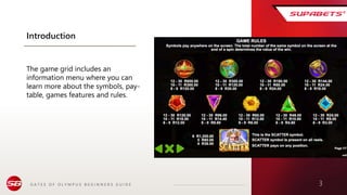 G A T E S O F O L Y M P U S B E G I N N E R S G U I D E 3
Introduction
The game grid includes an
information menu where you can
learn more about the symbols, pay-
table, games features and rules.
 