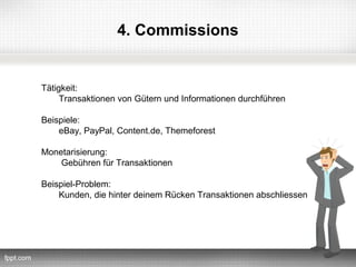 4. Commissions


Tätigkeit:
     Transaktionen von Gütern und Informationen durchführen

Beispiele:
    eBay, PayPal, Content.de, Themeforest

Monetarisierung:
    Gebühren für Transaktionen

Beispiel-Problem:
    Kunden, die hinter deinem Rücken Transaktionen abschliessen
 