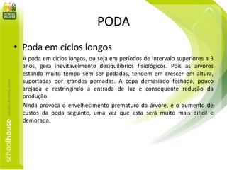 PODA
• Poda em ciclos longos
A poda em ciclos longos, ou seja em períodos de intervalo superiores a 3
anos, gera inevitavelmente desiquilibrios fisiológicos. Pois as arvores
estando muito tempo sem ser podadas, tendem em crescer em altura,
suportadas por grandes pernadas. A copa demasiado fechada, pouco
arejada e restringindo a entrada de luz e consequente redução da
produção.
Ainda provoca o envelhecimento prematuro da árvore, e o aumento de
custos da poda seguinte, uma vez que esta será muito mais difícil e
demorada.
 