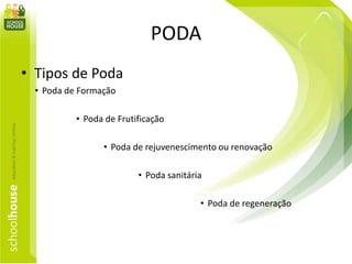 PODA
• Tipos de Poda
• Poda de Formação
• Poda de Frutificação
• Poda de rejuvenescimento ou renovação
• Poda sanitária
• Poda de regeneração
 
