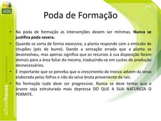Poda de Formação
• Na poda de formação as intervenções devem ser mínimas. Nunca se
justifica poda severa.
• Quando se corta de forma excessiva, a planta responde com a emissão de
chupões (pés de burro). Dando a sensação errada que a planta se
desenvolveu, mas apenas significa que os recursos á sua disposição foram
demais para a área foliar da mesma, traduzindo-se em custos de produção
desnecessários.
• É importante que se perceba que o crescimento do tronco advem da seiva
elaborada pelas folhas e não da seiva bruta proveniente da raiz.
• Na formação tudo deve ser progressivo. Nunca se deve tentar que a
árvore seja estruturada mais depressa DO QUE A SUA NATUREZA O
PERMITE.
 