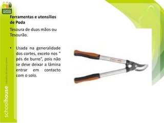 Ferramentas e utensílios
de Poda
Tesoura de duas mãos ou
Tesourão.
• Usada na generalidade
dos cortes, exceto nos “
pés de burro”, pois não
se deve deixar a lâmina
entrar em contacto
com o solo.
 