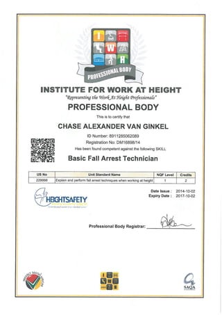 Fall arrest certificate