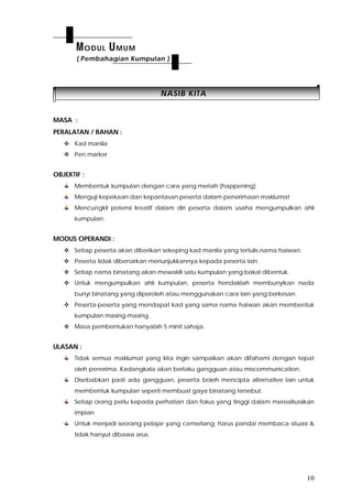 10
NNAASSIIBB KKIITTAA
MASA :
PERALATAN / BAHAN :
 Kad manila
 Pen marker
OBJEKTIF :
Membentuk kumpulan dengan cara yang meriah (happening)
Menguji kepekaan dan kepantasan peserta dalam penerimaan maklumat
Mencungkil potensi kreatif dalam diri peserta dalam usaha mengumpulkan ahli
kumpulan.
MODUS OPERANDI :
 Setiap peserta akan diberikan sekeping kad manila yang tertulis nama haiwan.
 Peserta tidak dibenarkan menunjukkannya kepada peserta lain.
 Setiap nama binatang akan mewakili satu kumpulan yang bakal dibentuk.
 Untuk mengumpulkan ahli kumpulan, peserta hendaklah membunyikan nada
bunyi binatang yang diperoleh atau menggunakan cara lain yang berkesan.
 Peserta-peserta yang mendapat kad yang sama nama haiwan akan membentuk
kumpulan masing-masing.
 Masa pembentukan hanyalah 5 minit sahaja.
ULASAN :
Tidak semua maklumat yang kita ingin sampaikan akan difahami dengan tepat
oleh penerima. Kadangkala akan berlaku gangguan atau miscommunication.
Disebabkan pasti ada gangguan, peserta boleh mencipta alternative lain untuk
membentuk kumpulan seperti membuat gaya binatang tersebut.
Setiap orang perlu kepada perhatian dan fokus yang tinggi dalam merealisasikan
impian
Untuk menjadi seorang pelajar yang cemerlang, harus pandai membaca situasi &
tidak hanyut dibawa arus.
MODUL UMUM
( Pembahagian Kumpulan )
 