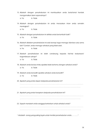 14
13. Adakah dengan persahabatan ini membuatkan anda betul-betul hendak
mengamalkan Islam sepenuhnya?
a: Ya b: Tidak
14. Adakah dengan persahabatan ini anda merasakan iman anda semakin
meningkat?
a: Ya b: Tidak
15. Adakah dengan persahabatan ini akhlak anda bertambah baik?
a: Ya b: Tidak
16. Adakah didalam persahabatan ini ada konsep tegur-menegur diantara satu sama
lain? Contoh, anda menegur sahabat yang tidak solat.
a: Ya b: Tidak
17. Adakah persahabatan ini lebih cenderung kepada hal-hal keduniaan/
kegembiraan sahaja?
a: Ya b: Tidak
18. Adakah anda berasa rindu apabila tidak bertemu dengan sahabat anda?
a: Ya b: Tidak
19. Adakah anda bersedih apabila sahabat anda bersedih?
a: Ya b: Tidak
20. Apakah yang anda dapat daripada persahabatan ini?
…………………………………………………………………………………………………………
…………………………………………………………………………………………………….
21. Apakah yang anda harapkan daripada persahabatan ini?
…………………………………………………………………………………………………………
…………………………………………………………………………………………………….
22. Sejauh manakah anda sanggup berkorban untuk sahabat anda?
…………………………………………………………………………………………………………
……………………………………………………………………………………………………..
“ Andalah orang yang paling layak untuk menilai persahabatan anda…………”
 