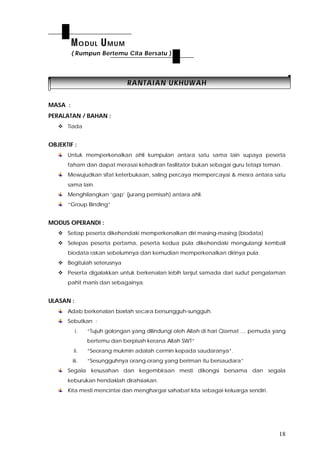 18
RRAANNTTAAIIAANN UUKKHHUUWWAAHH
MASA :
PERALATAN / BAHAN :
 Tiada
OBJEKTIF :
Untuk memperkenalkan ahli kumpulan antara satu sama lain supaya peserta
faham dan dapat merasai kehadiran fasilitator bukan sebagai guru tetapi teman.
Mewujudkan sifat keterbukaan, saling percaya mempercayai & mesra antara satu
sama lain.
Menghilangkan ‘gap’ (jurang pemisah) antara ahli.
“Group Binding”
MODUS OPERANDI :
 Setiap peserta dikehendaki memperkenalkan diri masing-masing (biodata)
 Selepas peserta pertama, peserta kedua pula dikehendaki mengulangi kembali
biodata rakan sebelumnya dan kemudian memperkenalkan dirinya pula.
 Begitulah seterusnya
 Peserta digalakkan untuk berkenalan lebih lanjut samada dari sudut pengalaman
pahit manis dan sebagainya.
ULASAN :
Adab berkenalan biarlah secara bersungguh-sungguh.
Sebutkan :
i. “Tujuh golongan yang dilindungi oleh Allah di hari Qiamat .... pemuda yang
bertemu dan berpisah kerana Allah SWT”
ii. “Seorang mukmin adalah cermin kepada saudaranya”.
iii. “Sesungguhnya orang-orang yang beriman itu bersaudara”
Segala kesusahan dan kegembiraan mesti dikongsi bersama dan segala
keburukan hendaklah dirahsiakan.
Kita mesti mencintai dan menghargai sahabat kita sebagai keluarga sendiri.
MODUL UMUM
( Rumpun Bertemu Cita Bersatu )
 