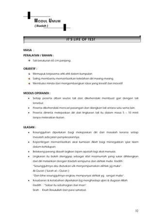 32
IITT’’SS LLIIFFEE OOFF TTEESSTT
MASA :
PERALATAN / BAHAN :
 Tali berukuran 65 cm panjang.
OBJEKTIF :
Memupuk kerjasama ahli-ahli dalam kumpulan
Saling membantu memanfaatkan kelebihan diri masing-masing.
Membuka minda dan mengembangkan idea yang kreatif dan inovatif
MODUS OPERANDI :
 Setiap peserta diberi seutas tali dan dikehendaki membuat gari dengan tali
tersebut.
 Peserta dikehendaki mencari pasangan dan silangkan tali antara satu sama lain.
 Peserta diminta melepaskan diri dari lingkaran tali itu dalam masa 5 – 10 minit
tanpa meleraikan ikatan.
ULASAN :
 Kesungguhan diperlukan bagi melepaskan diri dari masalah kerana setiap
masalah ada jalan penyelesaiannya.
 Kepentingan memanfaatkan akal kurniaan Allah bagi menegakkan syiar Islam
dalam kehidupan.
 Belakang parang diasah lagikan tajam apatah lagi akal manusia.
 Lingkaran itu boleh dianggap sebagai sifat mazmumah yang sukar dihilangkan
dari diri melainkan dengan ibadah sempurna dan akhlak mulia. Hadith :
“Sesungguhnya aku diutuskan utk menyempurnakan akhlak yg mulia”.
Al-Quran ( Surah al – Quran ):
“Dan bhw sesungguhnya engkau mempunyai akhlak yg sangat mulia”.
 Kesabaran & ketabahan diperlukan bg menghadapi ujian & dugaan Allah.
Hadith : “Sabar itu sebahagian dari iman”.
Sirah : Kisah Rasulullah dan para sahabat.
MODUL UMUM
( Riadah )
 