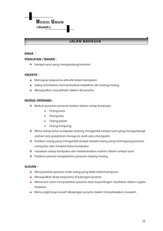 33
JJAALLAANN BBAAHHAAGGIIAA
MASA :
PERALATAN / BAHAN :
 Sampul surat yang mengandungi karektor
OBJEKTIF :
Memupuk kerjasama ahli-ahli dalam kumpulan
Saling membantu memanfaatkan kelebihan diri masing-masing.
Mewujudkan rasa prihatin dalam diri peserta.
MODUS OPERANDI :
 Berikan peranan-peranan berikut dalam setiap kumpulan.
 Orang buta
 Orang bisu
 Orang pekak
 Orang tempang.
 Minta setiap ketua kumpulan datang mengambil sampul surat yang mengandungi
arahan satu perjalanan menuju ke arah satu checkpoint.
 Pastikan orang yang mengambil sampul adalah orang yang memegang peranan
orang bisu dan menjadi ketua kumpulan.
 Lepaskan setiap kumpulan dan melaksanakan arahan dalam sampul surat.
 Pastikan peserta menjalankan peranan masing-masing.
ULASAN :
Menyedarkan peserta nasib orang yang tidak berkemampuan.
Mewujudkan sikap kerjasama di kalangan peserta.
Menanam serta menyedarkan peserta akan kepentingan muafakat dalam segala
tindakan.
Mencungkil daya kreatif dikalangan peserta dalam menyelesaikan masalah.
MODUL UMUM
( Riadah )
 