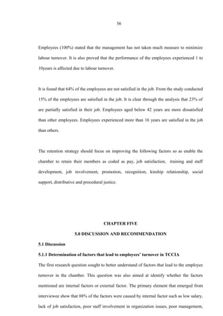 56
Employees (100%) stated that the management has not taken much measure to minimize
labour turnover. It is also proved that the performance of the employees experienced 1 to
10years is affected due to labour turnover.
It is found that 64% of the employees are not satisfied in the job. From the study conducted
15% of the employees are satisfied in the job. It is clear through the analysis that 23% of
are partially satisfied in their job. Employees aged below 42 years are more dissatisfied
than other employees. Employees experienced more than 16 years are satisfied in the job
than others.
The retention strategy should focus on improving the following factors so as enable the
chamber to retain their members as coded as pay, job satisfaction, training and staff
development, job involvement, promotion, recognition, kinship relationship, social
support, distributive and procedural justice.
CHAPTER FIVE
5.0 DISCUSSION AND RECOMMENDATION
5.1 Discussion
5.1.1 Determination of factors that lead to employees’ turnover in TCCIA
The first research question sought to better understand of factors that lead to the employee
turnover in the chamber. This question was also aimed at identify whether the factors
mentioned are internal factors or external factor. The primary element that emerged from
interviewee show that 88% of the factors were caused by internal factor such as low salary,
lack of job satisfaction, poor staff involvement in organization issues, poor management,
 