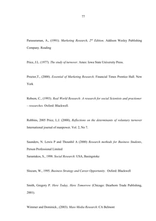 77
Parasuraman, A., (1991). Marketing Research, 2nd
Edition. Addison Wesley Publishing
Company. Reading
Price, J.L. (1977). The study of turnover. Ames: Iowa State University Press.
Proctor,T., (2000). Essential of Marketing Research. Financial Times Prentice Hall. New
York
Robson, C., (1993). Real World Research: A research for social Scientists and practioner
– researches. Oxford: Blackwell.
Robbins, 2005 Price, L.J. (2000), Reflections on the determinants of voluntary turnover
International journal of manpower, Vol. 2, No 7.
Saunders, N. Lewis P and Thounhil A (2000) Research methods for Business Students,
Person Professional Limited
Sarantakos, S., 1998. Social Research: USA, Basingstoke
Slocum, W., 1995. Business Strategy and Career Opportunity. Oxford: Blackwell
Smith, Gregory P. Here Today, Here Tomorrow (Chicago: Dearborn Trade Publishing,
2001).
Wimmer and Dominick., (2003). Mass Media Research: CA Belmont
 