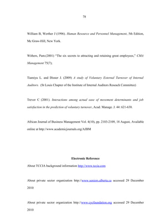 78
William B, Werther J (1996). Human Resource and Personnel Management, 5th Edition,
Mc Graw-Hill, New York.
Withers, Pam.(2001) “The six secrets to attracting and retaining great employees,” CMA
Management 75(7);
Tiamiyu L. and Disner J. (2009) A study of Voluntary External Turnover of Internal
Auditors. (St Louis Chapter of the Institute of Internal Auditors Reseach Committee)
Trever C (2001). Interactions among actual ease of movement determinants and job
satisfaction in the prediction of voluntary turnover, Acad. Manage. J. 44: 621-638.
African Journal of Business Management Vol. 4(10), pp. 2103-2109, 18 August, Available
online at http://www.academicjournals.org/AJBM
Electronic Reference
About TCCIA background information http://www.tccia.com
About private sector organization http://www.seniors.alberta.ca accessed 29 December
2010
About private sector organization http://www.cycfaundation.org accessed 29 December
2010
 