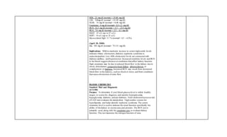 HDL: 23 mg/dl (normal = 35-60 mg/dl)
LDL: 124mg/dl (normal = 0-150 mg/dl)
VLDL: 33 mg/dl (normal = 0-40 mg/dl)
Creatinine: 4 mg/dl (normal= 0.5-1.2 mg/dl)
BUN: 52.5 mg/dl (normal = 4.7 – 23.4 mg/dl)
BUA: 7.6 mg/dl (normal = 2.5 – 6.1 mg/dl)
SGOT: 25 u/L (up to 37 u/L)
SGPT: 14 u/L (up to 32 u/L)
Glycosylated Hgb: 5.7 % (normal= 4.5 – 6.3%)
(April 30, 2008)
Glu: 103 mg/dl (normal= 75-115 mg/dl)
Implications: Mild-to-moderate increase in serum triglyceride levels
indicates biliary obstruction,diabetes,nephrotic syndrome or
endocrinopathies.Low HDL-cholesterol levels are connected with
diabetes mellitus, and hypertension.Increased creatinine levels and BUN
in the blood suggest diseasesorconditions that affect kidney function.
High creatinine may be due to reduced blood flow to the kidney due to
shock, dehydration, congestive heart failure, atherosclerosis,or
complications of diabetes.Increased BUN may result from decreased
blood flow to the kidneys, such as shock or stress,and from conditions
that cause obstruction of urine flow.
BLOOD CHEMISTRY
Stanford Med and Diagnostic
(4/12/08)
Purpose: To determine if your blood glucose level is within healthy
ranges; to screen for, diagnose,and monitor hyperglycemia,
hypoglycemia, diabetes, and pre-diabetes. Total cholesterolassessesrisk
of CAD and evaluates fat metabolism. Triglycerides screens for
hyperlipemia, and helps identify nephrotic syndrome. The serum
creatinine level is used to indicate the renal function specifically the
ability of the kidney to secrete urea and proteins. The BUN test is
primarily used,along with the creatinine test,to evaluate kidney
function. This test measures the nitrogen function of urea.
 