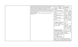 ventricular cavities and causes the ventricles to take longer time to relax,
making it more difficult for the ventricles to fill with blood during the
first part of diastole and making them more dependent on atrial
contraction for filling” (Medical-Surgical Nursing, 10th Ed., Vol.1 p.773)
The left ventricle of the heart may become enlarged as it works to pump
blood against elevated pressure due to systemic vascularresistance and
excessive intravascular volume. Eventually, stroke volume, preload and
afterload are affected
(Brunner and Suddarth’s Textbook on Medical-Surgical Nursing 10th
edition pg. 856)
gravity decreasing pressure
on the diaphragm and
enhancing drainage and
ventilation to different lung
segments.
3. Positioned head midline.
R: To open or maintain open
airway.
4. Encouraged deep breathing
exercises.
R: To maximize effort.
5. Encouraged to expectorate
sputum.
R: To clear secretions.
6. Promoted adequate rest
periods.
R: To lessen fatigue.
Collaborative Interventions:
1. Administered supplemental
oxygen at 4L per minute.
R: To increase oxygen
available to tissues.
Independent Intervention:
1. Determined baseline v/s
including peripheral pulses;
and reviewed laboratory
values and diagnostic studies.
R: provides opportunities to
track changes
2. Assessed mental status
R: cerebral perfusion is
directly related to cardiac
output and aortic pressure
perfusion and is influenced
by electrolyte and acid-base
Actual Outcome:
04/28-30/08
After 8 hours of
nurse-client
interaction, patient
was able to maintain
a patent airway still
uses accessory
muscle in breathing,
crackles still heard
on both lung fields,
constant use of
supplemental O2.
Sat O2 as of april 29
has decreased to 78.
4 (moderate
hypoxemia)
05/2/08
After 8 days of
nurse-client
interaction, patient
still uses accessory
muscles in breathing,
O2 level has
decreased from 4 to
2 L/min.
supplemental O2
was also used when
difficulty in
breathing rises.
Desired Outcome:
Within 8 hours of
nursing intervention,
 