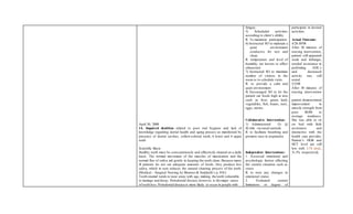 April 30, 2008
14, Impaired dentition related to poor oral hygiene and lack of
knowledge regarding dental health and aging process as manifested by
presence of dental cavities, yellow-colored teeth, 6 lower and 4 upper
teeth
Scientific Basis:
Healthy teeth must be conscientiously and effectively cleaned on a daily
basis. The normal movement of the muscles of mastication and the
normal floe of saliva aid gently in keeping the teeth clean. Because many
ill patients do not eat adequate amounts of foods, they produce less
saliva, which in turn reduces the natural cleaning process of the teeth.
(Medical – Surgical Nursing by Brunner & Suddarth’s p. 810.)
Tooth enamel tends to wear away with age, making the teeth vulnerable
to damage and decay. Periodontal disease,however, is the major cause
of tooth loss. Periodontal disease is more likely to occur in people with
fatigue.
5) Scheduled activities
according to client’s ability.
R: To maximize participation.
6) Instructed SO to maintain a
quiet environment
conducive for rest and
sleep.
R: temperature and level of
humidity are known to affect
exhaustion
7) Instructed SO to minimize
number of visitors in the
room or to schedule visits.
R: to provide a calm and
quiet environment
8) Encouraged SO to let the
patient eat foods high in iron
such as liver, green leafy
vegetables, fish, beans, nuts,
eggs, raisins.
Collaborative Intervention:
1) Administered O2 @
4L/min via nasal cannula
R: to facilitate breathing and
promote ease in respiration.
Independent Interventions:
1. Assessed emotional and
psychologic factors affecting
the current situation such as
stress
R: to note any changes in
emotional status
2. Evaluated current
limitations or degree of
participate in desired
activities.
Actual Outcome:
4/28-30/08
After 30 minutes of
nursing intervention,
patient still appeared
weak and lethargic,
needed assistance in
perfoming ADL’s
and decreased
activity was still
noted.
5/2/08
After 30 minutes of
nursing intervention
,
patient demonstrated
improvement in
muscle strength from
poor ROM to
average weakness.
She was able to sit
on bed with little
assistance and
interactive with the
health care provider.
Patient’s HGB and
HCT level are still
low with 3.74 m/uL,
31.3% respectively
 