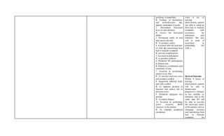 problems of immobility.
R: Feelings of frustrations
and powerlessness may
impede attainment of goals.
2. Determined functional
level of classification.
R: Assess the functional
ability.
3. Positioned safely on bed
and raised side rails.
R: To promote safety.
4. Assisted with the activities
of ADL like transferring from
bed to bedside commode.
R: prevent complications.
5. Assisted in ambulation
R: to promote wellness
6. Promoted SO participation
in patient care.
R: Enhances coordination and
continuity of care.
7. Assisted in positioning
patient every 2hrs.
R: To prevent pressure sores
and promote comfort.
8. Supported affected body
part with a pillow.
R: To maintain position of
function and reduce risk of
pressure sores.
9. Promoted adequate rest
periods.
R: To reduce fatigue
10. Assisted in performing
active assistive ROM
exercises to the patient.
R: To stimulate peripheral
circulation.
After 8 hrs of
nursing
interventions, patient
was able to stand up
from bed to bedside
commode with
assistance for
defecation and
urination. She was
still in need of
assistance in
performing her
ADL’s.
Desired Outcome:
Within 8 hours of
nursing
interventions, patient
will be able to
demonstrate
progressive changes
in her mobility as
tolerated, and at the
same time SO will
be able to provide
the necessary needs
of the patient such as
changing position
and transferring from
bed to bedside
commode for
 