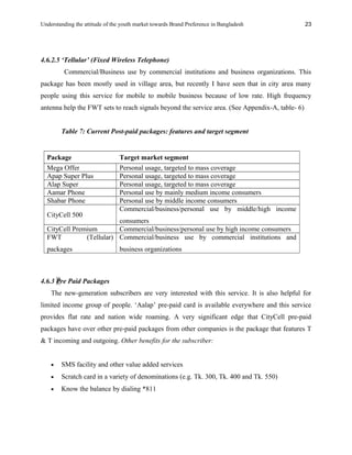 Understanding the attitude of the youth market towards Brand Preference in Bangladesh
4.6.2.5 ‘Tellular’ (Fixed Wireless Telephone)
Commercial/Business use by commercial institutions and business organizations. This
package has been mostly used in village area, but recently I have seen that in city area many
people using this service for mobile to mobile business because of low rate. High frequency
antenna help the FWT sets to reach signals beyond the service area. (See Appendix-A, table- 6)
Table 7: Current Post-paid packages: features and target segment
Package Target market segment
Mega Offer Personal usage, targeted to mass coverage
Apap Super Plus Personal usage, targeted to mass coverage
Alap Super Personal usage, targeted to mass coverage
Aamar Phone Personal use by mainly medium income consumers
Shabar Phone Personal use by middle income consumers
CityCell 500
Commercial/business/personal use by middle/high income
consumers
CityCell Premium Commercial/business/personal use by high income consumers
FWT (Tellular)
packages
Commercial/business use by commercial institutions and
business organizations
4.6.3 Pre Paid Packages
The new-generation subscribers are very interested with this service. It is also helpful for
limited income group of people. ‘Aalap’ pre-paid card is available everywhere and this service
provides flat rate and nation wide roaming. A very significant edge that CityCell pre-paid
packages have over other pre-paid packages from other companies is the package that features T
& T incoming and outgoing. Other benefits for the subscriber:
• SMS facility and other value added services
• Scratch card in a variety of denominations (e.g. Tk. 300, Tk. 400 and Tk. 550)
• Know the balance by dialing *811
23
 