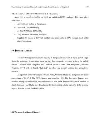 Understanding the attitude of the youth market towards Brand Preference in Bangladesh
4.6.3.1 ‘Aalap 24’ (Mobile to Mobile with T & T Facilities)
Aalap 24 is mobile-to-mobile as well as mobile-to-BTTB package. This plan gives
subscribers –
• Access to any mobile in Bangladesh
• 24-hour BTTB connectivity
• 24-hour NWD and ISD facility
• Very attractive and simple tariff plan
• Freedom to choose 3 CityCell numbers and make calls at 50% reduced tariff under
One2One scheme.
5.0 Industry Analysis
The mobile telecommunications industry in Bangladesh is now in its rapid growth stage.
Since the technology is expensive, there are only four companies operating actively the mobile
service. The other three companies are, Grameen Phone, AKTEL, and Banglalink (Orascom)
Telecom. BTTB with its brand, ‘Tele-talk’ has also very recently entered this competitive
scenario.
As operators of mobile cellular services, Aktel, Grameen Phone and Banglalink are direct
competitors of CityCell. The PBTL license was issued in 1989. The three other license were
awarded during November 1996, and are identical to each other, however the licenses awarded to
Aktel, Grameen and Sheba (now Banglalink) for their mobile cellular networks differ in some
aspects from the license that PBTL holds.
5.1 The most significant differences
24
 