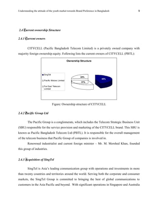Understanding the attitude of the youth market towards Brand Preference in Bangladesh
2.4 Current ownership Structure
2.4.1 Current owners
CITYCELL (Pacific Bangladesh Telecom Limited) is a privately owned company with
majority foreign ownership equity. Following lists the current owners of CITYCELL (PBTL):
Ownership Structure
31%
45%
24%
SingTel
Pacific Motors Limited
Far East Telecom
Limited
Figure: Ownership structure of CITYCELL
2.4.2 Pacific Group Ltd
The Pacific Group is a conglomerate, which includes the Telecom Strategic Business Unit
(SBU) responsible for the service provision and marketing of the CITYCELL brand. This SBU is
known as Pacific Bangladesh Telecom Ltd (PBTL). It is responsible for the overall management
of the telecom business that Pacific Group of companies is involved in.
Renowned industrialist and current foreign minister – Mr. M. Morshed Khan, founded
this group of industries.
2.4.3 Acquisition of SingTel
SingTel is Asia’s leading communication group with operations and investments in more
than twenty countries and territories around the world. Serving both the corporate and consumer
markets, the SingTel Group is committed to bringing the best of global communications to
customers in the Asia Pacific and beyond. With significant operations in Singapore and Australia
9
 