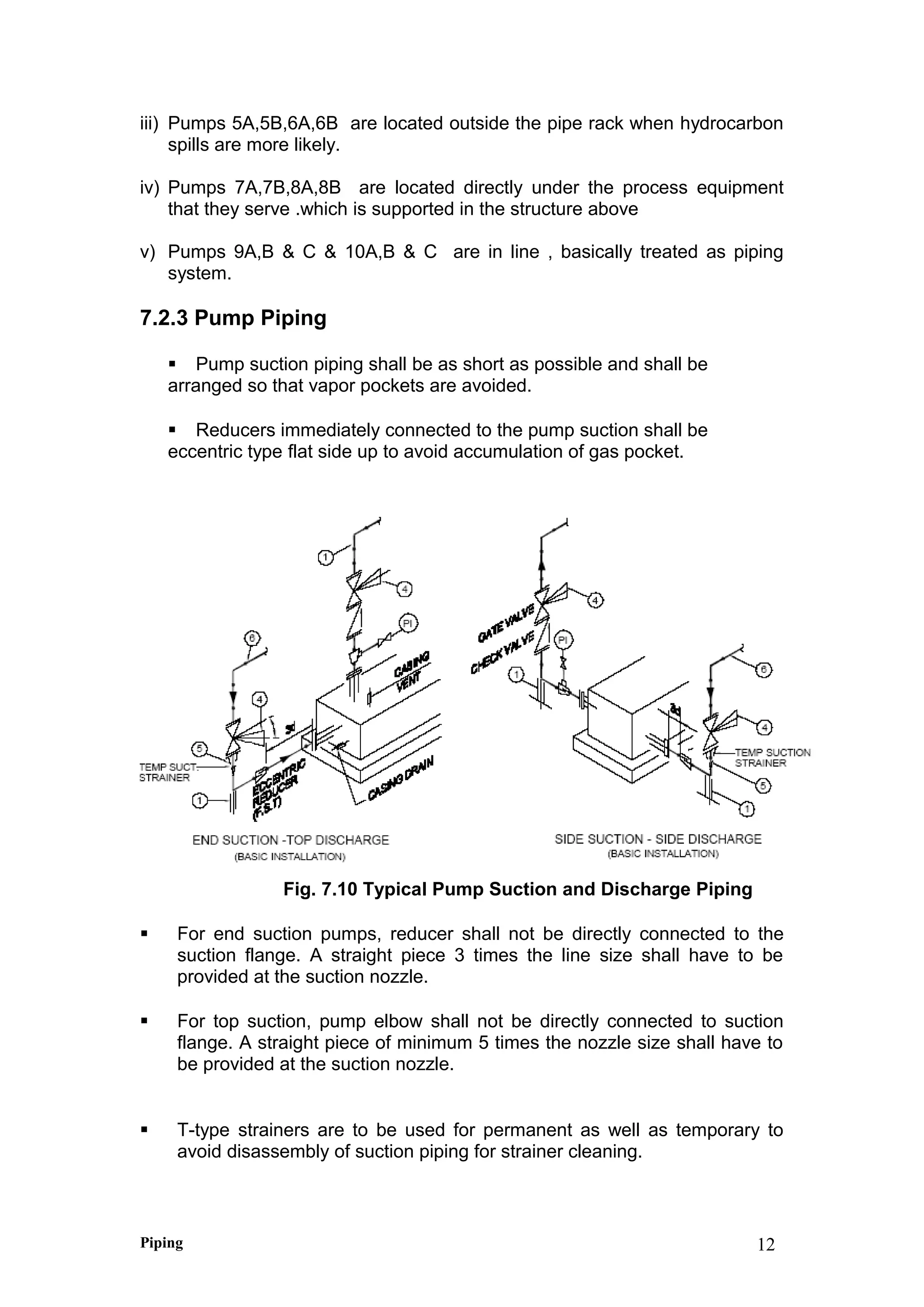 iii) Pumps 5A,5B,6A,6B are located outside the pipe rack when hydrocarbon
spills are more likely.
iv) Pumps 7A,7B,8A,8B are located directly under the process equipment
that they serve .which is supported in the structure above
v) Pumps 9A,B & C & 10A,B & C are in line , basically treated as piping
system.
7.2.3 Pump Piping
 Pump suction piping shall be as short as possible and shall be
arranged so that vapor pockets are avoided.
 Reducers immediately connected to the pump suction shall be
eccentric type flat side up to avoid accumulation of gas pocket.
Fig. 7.10 Typical Pump Suction and Discharge Piping
 For end suction pumps, reducer shall not be directly connected to the
suction flange. A straight piece 3 times the line size shall have to be
provided at the suction nozzle.
 For top suction, pump elbow shall not be directly connected to suction
flange. A straight piece of minimum 5 times the nozzle size shall have to
be provided at the suction nozzle.
 T-type strainers are to be used for permanent as well as temporary to
avoid disassembly of suction piping for strainer cleaning.
Piping 12
 