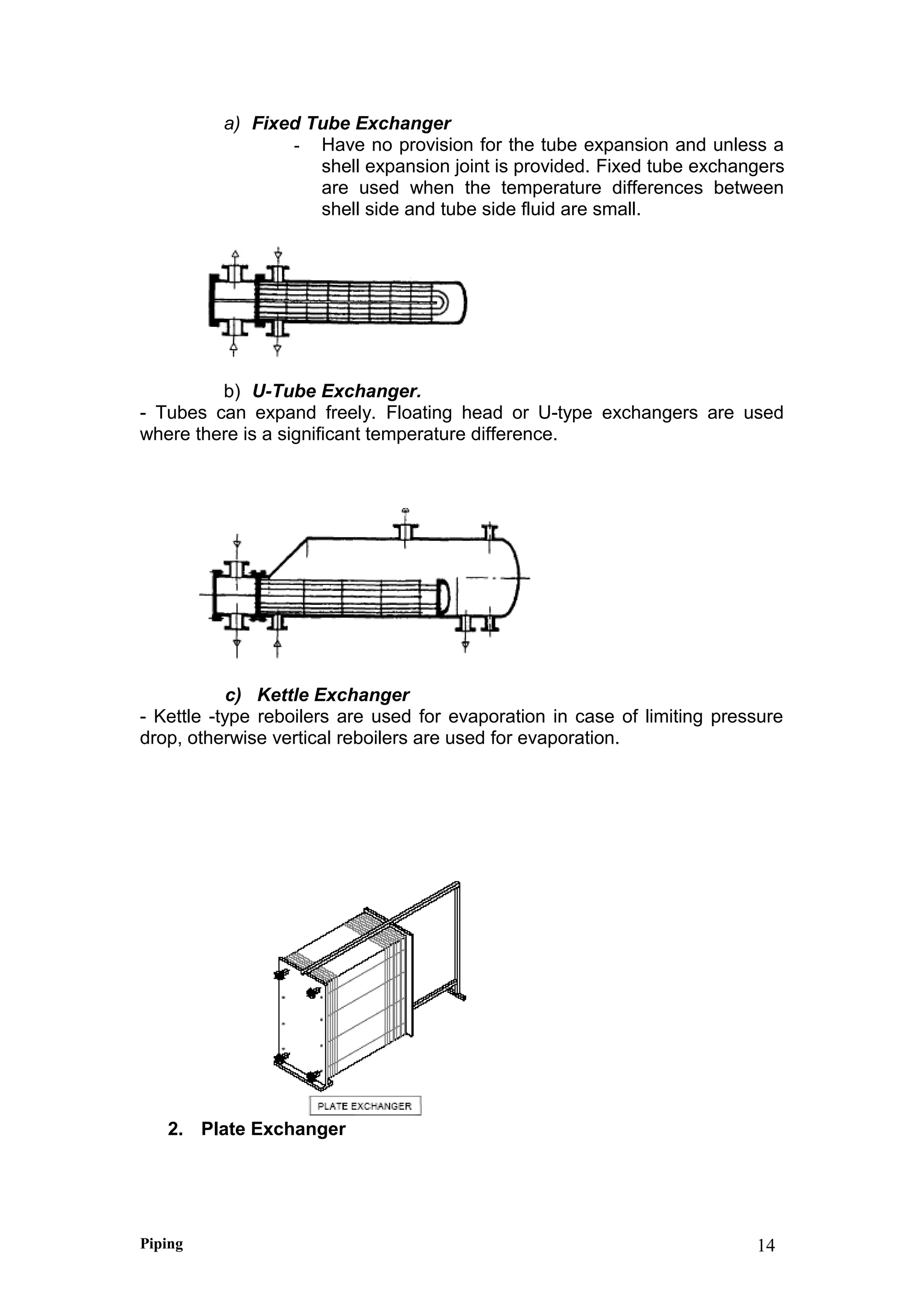 a) Fixed Tube Exchanger
- Have no provision for the tube expansion and unless a
shell expansion joint is provided. Fixed tube exchangers
are used when the temperature differences between
shell side and tube side fluid are small.
b) U-Tube Exchanger.
- Tubes can expand freely. Floating head or U-type exchangers are used
where there is a significant temperature difference.
c) Kettle Exchanger
- Kettle -type reboilers are used for evaporation in case of limiting pressure
drop, otherwise vertical reboilers are used for evaporation.
2. Plate Exchanger
Piping 14
 