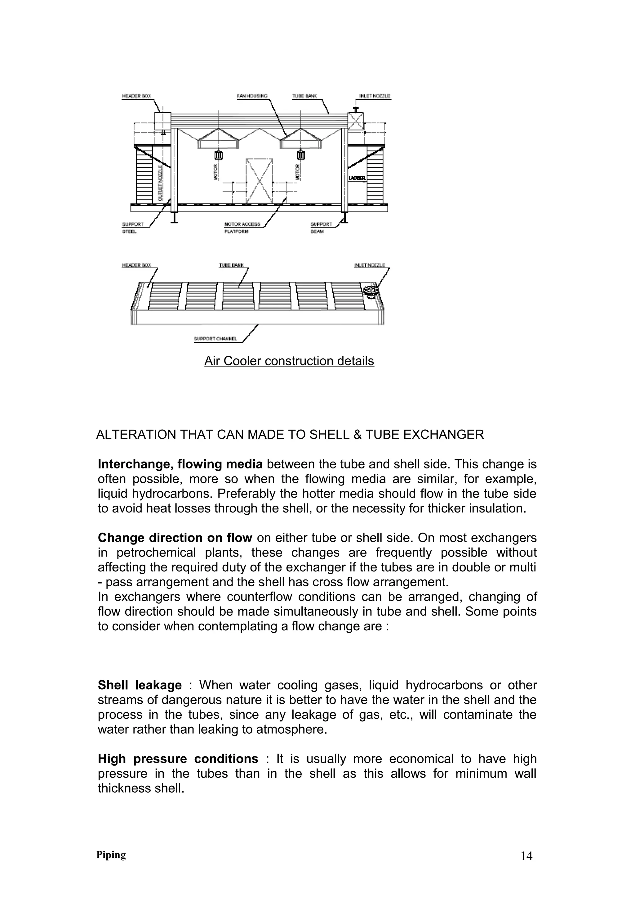 Air Cooler construction details
ALTERATION THAT CAN MADE TO SHELL & TUBE EXCHANGER
Interchange, flowing media between the tube and shell side. This change is
often possible, more so when the flowing media are similar, for example,
liquid hydrocarbons. Preferably the hotter media should flow in the tube side
to avoid heat losses through the shell, or the necessity for thicker insulation.
Change direction on flow on either tube or shell side. On most exchangers
in petrochemical plants, these changes are frequently possible without
affecting the required duty of the exchanger if the tubes are in double or multi
- pass arrangement and the shell has cross flow arrangement.
In exchangers where counterflow conditions can be arranged, changing of
flow direction should be made simultaneously in tube and shell. Some points
to consider when contemplating a flow change are :
Shell leakage : When water cooling gases, liquid hydrocarbons or other
streams of dangerous nature it is better to have the water in the shell and the
process in the tubes, since any leakage of gas, etc., will contaminate the
water rather than leaking to atmosphere.
High pressure conditions : It is usually more economical to have high
pressure in the tubes than in the shell as this allows for minimum wall
thickness shell.
Piping 14
 