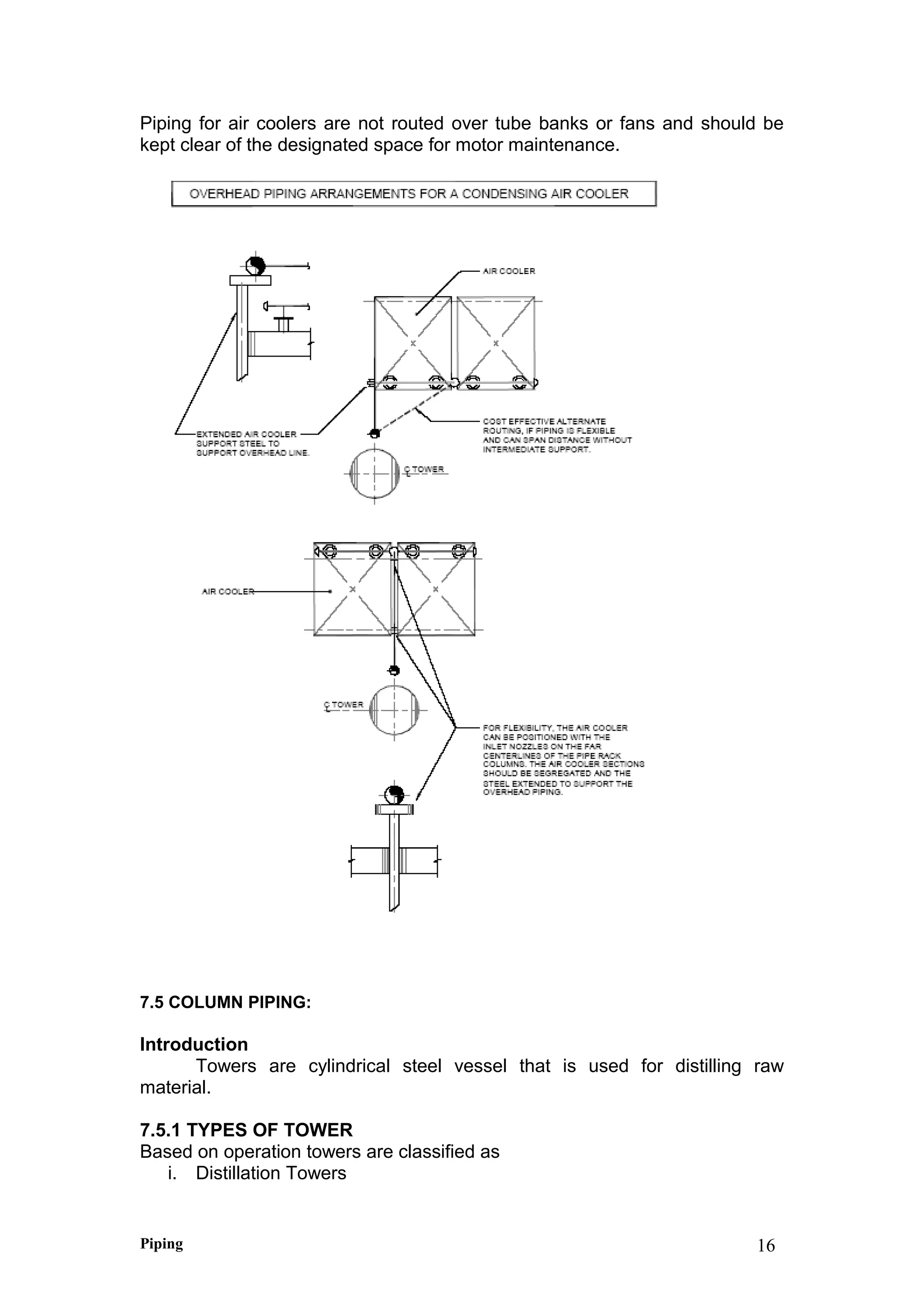 Piping for air coolers are not routed over tube banks or fans and should be
kept clear of the designated space for motor maintenance.
7.5 COLUMN PIPING:
Introduction
Towers are cylindrical steel vessel that is used for distilling raw
material.
7.5.1 TYPES OF TOWER
Based on operation towers are classified as
i. Distillation Towers
Piping 16
 