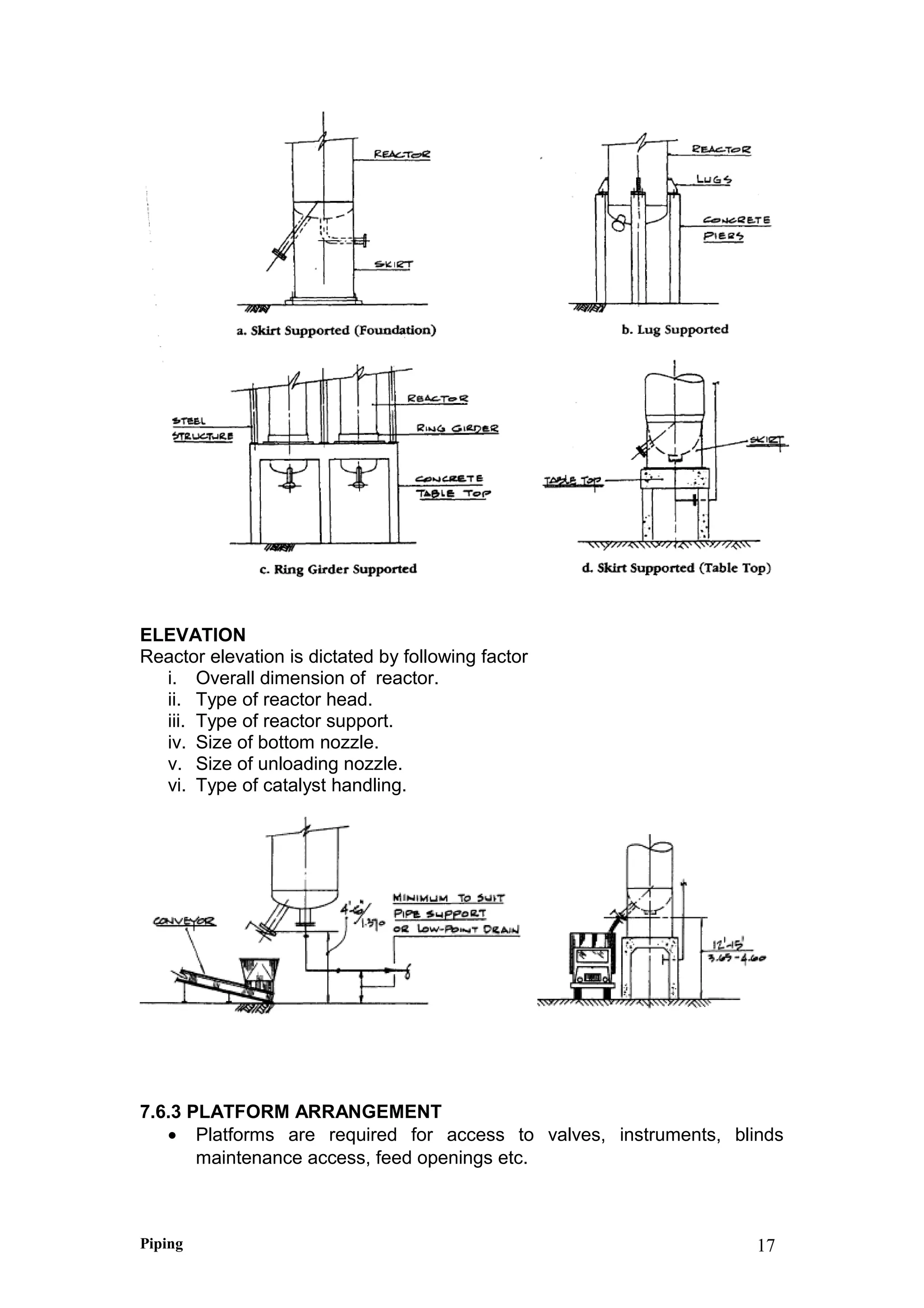ELEVATION
Reactor elevation is dictated by following factor
i. Overall dimension of reactor.
ii. Type of reactor head.
iii. Type of reactor support.
iv. Size of bottom nozzle.
v. Size of unloading nozzle.
vi. Type of catalyst handling.
7.6.3 PLATFORM ARRANGEMENT
• Platforms are required for access to valves, instruments, blinds
maintenance access, feed openings etc.
Piping 17
 