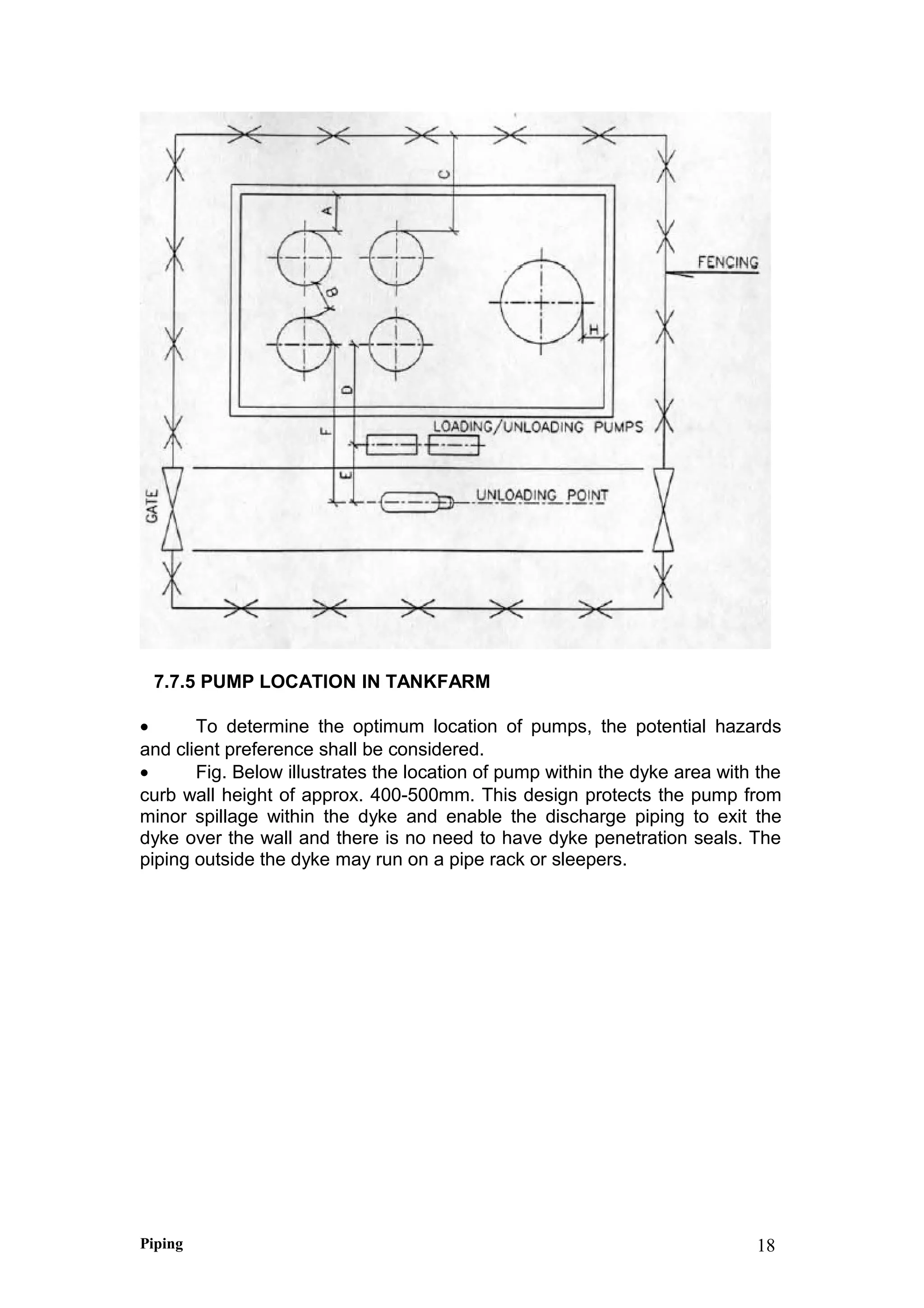 7.7.5 PUMP LOCATION IN TANKFARM
• To determine the optimum location of pumps, the potential hazards
and client preference shall be considered.
• Fig. Below illustrates the location of pump within the dyke area with the
curb wall height of approx. 400-500mm. This design protects the pump from
minor spillage within the dyke and enable the discharge piping to exit the
dyke over the wall and there is no need to have dyke penetration seals. The
piping outside the dyke may run on a pipe rack or sleepers.
Piping 18
 