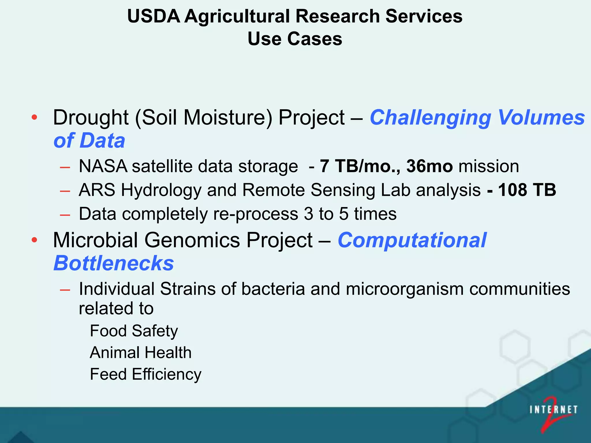 USDA Agricultural Research Services
Use Cases
• Drought (Soil Moisture) Project – Challenging Volumes
of Data
– NASA satellite data storage - 7 TB/mo., 36mo mission
– ARS Hydrology and Remote Sensing Lab analysis - 108 TB
– Data completely re-process 3 to 5 times
• Microbial Genomics Project – Computational
Bottlenecks
– Individual Strains of bacteria and microorganism communities
related to
Food Safety
Animal Health
Feed Efficiency
 