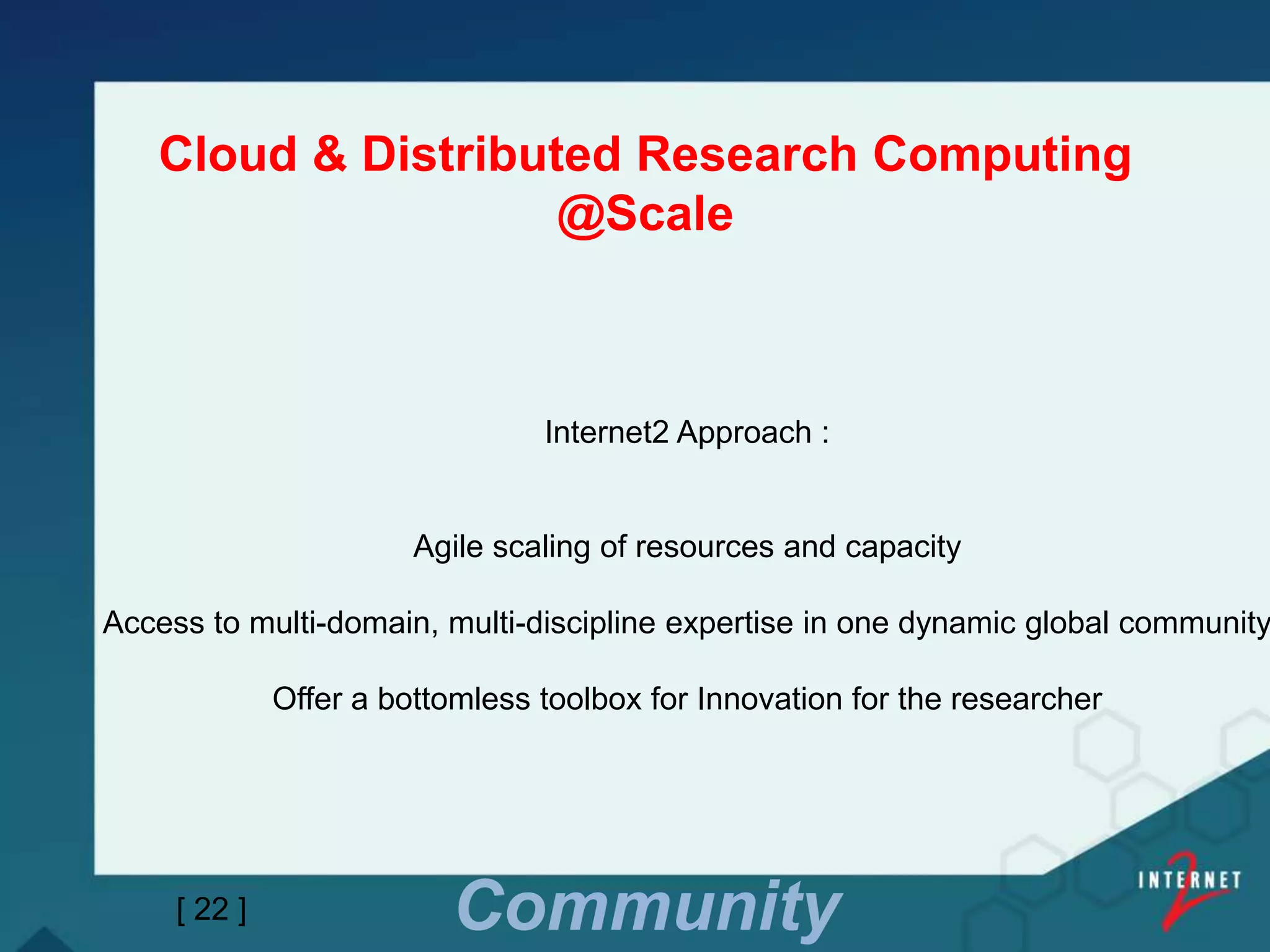 Cloud & Distributed Research Computing
@Scale
[ 22 ] Community
Internet2 Approach :
Agile scaling of resources and capacity
Access to multi-domain, multi-discipline expertise in one dynamic global community
Offer a bottomless toolbox for Innovation for the researcher
 