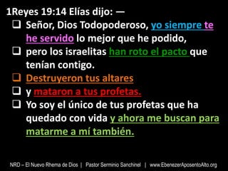 1Reyes 19:14 Elías dijo: —
 Señor, Dios Todopoderoso, yo siempre te
he servido lo mejor que he podido,
 pero los israelitas han roto el pacto que
tenían contigo.
 Destruyeron tus altares
 y mataron a tus profetas.
 Yo soy el único de tus profetas que ha
quedado con vida y ahora me buscan para
matarme a mí también.
NRD – El Nuevo Rhema de Dios | Pastor Serminio Sanchinel | www.EbenezerAposentoAlto.org
 
