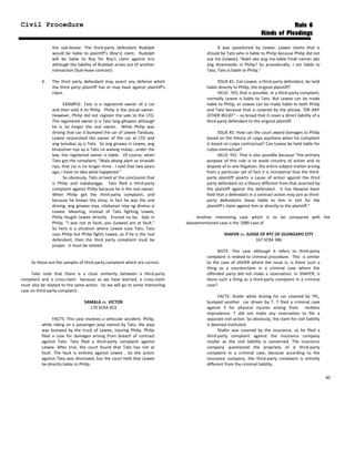 Civil Procedure Rule 6
Kinds of Pleadings
the sub-lessee. The third-party defendant Rudolph
would be liable to plaintiff’s (Roy’s) claim. Rudolph
will be liable to Roy for Roy’s claim against Eric
although the liability of Rudolph arises out of another
transaction (Sub-lease contract)
4. The third party defendant may assert any defense which
the third party plaintiff has or may have against plaintiff’s
claim.
EXAMPLE: Tato is a registered owner of a car
and then sold it to Philip. Philip is the actual owner.
However, Philip did not register the sale to the LTO.
The registered owner is si Tato lang gihapon although
he is no longer the real owner. While Philip was
driving that car it bumped the car of Lewee Tanduay.
Lewee researched the owner of the car at LTO and
ang lumabas ay si Tato. So ang ginawa ni Lewee, ang
kinasuhan nya ay si Tato na walang malay...under the
law, the registered owner is liable. Of course, when
Tato got the complaint, “Wala akong alam sa sinasabi
nyo, that car is no longer mine. I sold that two years
ago, I have no idea what happened.”
So obviously, Tato arrived at the conclusion that
si Philip and nakabangga. Tato filed a third-party
complaint against Philip because he is the real owner.
When Philip got the third-party complaint, and
because he knows the story, in fact he was the one
driving, ang ginawa niya, nilabanan niya ng diretso si
Lewee. Meaning, instead of Tato fighting Lewee,
Philip fought Lewee directly. Frontal na ba. Sabi ni
Philip, “I was not at fault, you (Lewee) are at fault.”
So here is a situation where Lewee sues Tato, Tato
sues Philip but Philip fights Lewee, as if he is the real
defendant, then the third party complaint must be
proper. It must be related.
So those are the samples of third party complaint which are correct.
Take note that there is a close similarity between a third-party
complaint and a cross-claim because as we have learned, a cross-claim
must also be related to the same action. So we will go to some interesting
case on third-party complaint.
SAMALA vs. VICTOR
170 SCRA 453
FACTS: This case involves a vehicular accident. Philip,
while riding on a passenger jeep owned by Tato, the jeep
was bumped by the truck of Lewee, injuring Philip. Philip
filed a case for damages arising from breach of contract
against Tato. Tato filed a third-party complaint against
Lewee. After trial, the court found that Tato has not at
fault. The fault is entirely against Lewee . So the action
against Tato was dismissed, but the court held that Lewee
be directly liable to Philip.
It was questioned by Lewee. Lewee claims that is
should be Tato who is liable to Philip because Philip did not
sue me (Lewee), “Bakit ako ang ma-liable hindi naman ako
ang dinemanda ni Philip? So procedurally, I am liable to
Tato, Tato is liable to Philip.”
ISSUE #1: Can Lewee, a third-party defendant, be held
liable directly to Philip, the original plaintiff?
HELD: YES, that is possible. In a third-party complaint,
normally Lewee is liable to Tato. But Lewee can be made
liable to Philip, or Lewee can be made liable to both Philip
and Tato because that is covered by the phrase “OR ANY
OTHER RELIEF” – so broad that it cover a direct liability of a
third party defendant to the original plaintiff.
ISSUE #2: How can the court award damages to Philip
based on the theory of culpa aquiliana when his complaint
is based on culpa contractual? Can Lewee be held liable for
culpa-contractual?
HELD: YES. That is also possible because “the primary
purpose of this rule is to avoid circuitry of action and to
dispose of in one litigation, the entire subject matter arising
from a particular set of fact it is immaterial that the third-
party plaintiff asserts a cause of action against the third
party defendant on a theory different from that asserted by
the plaintiff against the defendant. It has likewise been
held that a defendant in a contract action may join as third-
party defendants those liable to him in tort for the
plaintiff’s claim against him or directly to the plaintiff.”
Another interesting case which is to be compared with the
abovementioned case is the 1989 case of
SHAFER vs. JUDGE OF RTC OF OLONGAPO CITY
167 SCRA 386
NOTE: This case although it refers to third-party
complaint is related to criminal procedure. This is similar
to the case of JAVIER where the issue is, is there such a
thing as a counterclaim in a criminal case where the
offended party did not make a reservation. In SHAFER, is
there such a thing as a third-party complaint in a criminal
case?
FACTS: Shafer while driving his car covered by TPL,
bumped another car driven by T. T filed a criminal case
against S for physical injuries arising from reckless
imprudence. T did not make any reservation to file a
separate civil action. So obviously, the claim for civil liability
is deemed instituted.
Shafer was covered by the insurance, so he filed a
third-party complaint against the insurance company
insofar as the civil liability is concerned. The insurance
company questioned the propriety of d third-party
complaint in a criminal case, because according to the
insurance company, the third-party complaint is entirely
different from the criminal liability.
80
 