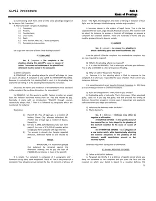 Civil Procedure Rule 6
Kinds of Pleadings
Q: Summarizing all of them, what are the know pleadings recognized
by the law on Civil Procedure?
A: There are seven (7) types of pleadings:
1.) Complaint;
2.) Answer;
3.) Counterclaim;
4.) Cross-claim;
5.) Reply
6.) Third (Fourth, Fifth, etc.) – Party Complaint;
7.) Complaint-in-Intervention.
Let us go over each one of them. How do they function?
A.) COMPLAINT
Sec. 3. Complaint – The complaint is the
pleading alleging the plaintiff’s cause or causes of
action. The names and residences of the plaintiff and
defendant must be stated in the complaint.
Q: Define complaint.
A: COMPLAINT is the pleading where the plaintiff will allege his cause
or causes of action. A complaint is also called the INITIATORY PLEADING.
Because it is actually the first pleading filed in court. It is the pleading that
starts the ball rolling. It is the pleading that initiates the civil action.
Of course, the names and residences of the defendants must be stated
in the complaint. Do you know the pattern for a complaint?
For EXAMPLE: Mr. Pito wants to sue Mr. Peloton to collect an unpaid
loan. Mr. Peloton borrowed money from Mr. Pito and refused to pay.
Normally, it starts with an introduction: “Plaintiff, through counsel,
respectfully alleges that…” Then it is followed by paragraphs which are
numbered. For instance:
Illustration:
1.) Plaintiff Mr. Pito, of legal age, is a resident of
Matina, Davao City; whereas defendant Mr.
Peloton also of legal age, a resident of Bajada,
Davao City;
2.) On Nov. 7, 1996, defendant secured a loan from
plaintiff the sum of P30,000.00 payable within
one (1) year form said date with legal interest;
3.) The account is already due. Despite repeated
demands, defendant failed to and refused to
pay;
PRAYER
WHEREFORE, it is respectfully prayed
that judgment be rendered against the
defendant ordering him to pay the loan of
P30,000.00 and interest in favor of the plaintiff.
It is simple. The complaint is composed of 3 paragraphs only –
humiram siya ng pera, ayaw magbayad. That’s all. That is the pattern of a
complaint. Your allegations must contain the four (4) elements of a Cause of
Action – the Right, the Obligation, the Delict or Wrong or Violation of Your
Right, and the Damage. Hindi kailangang mahaba ang complaint.
It becomes clearer in the subject of Legal Forms. That is the last
subject in the Bar Exam, Legal Ethics & Practical Exercises. The examinee will
be asked, for instance, to prepare a Contract of Mortgage, or prepare a
Complaint for Unlawful Detainer. There are hundreds of forms and you
must be prepared to write down a sample.
B.) ANSWER
Sec. 4 – Answer – An answer is a pleading in
which a defending party sets forth his defenses. (4a)
I am the plaintiff. I file the complaint. You received the complaint. You
are now required to respond.
Q: What is the pleading where you respond?
A: It is called the ANSWER. That is where you will state your defenses.
That is why an ANSWER is called a Responsive Pleading.
Q: Why is it called “Responsive Pleading”?
A: Because it is the pleading which is filed in response to the
complaint. It is where you respond to the cause of action. That is where you
state your defenses.
It is something which is not found in Criminal Procedure. A: NO, there
is no such thing as Answer in Criminal Procedure.
Q: If you are charged with a crime, how do you answer?
A: By pleading guilty or not guilty. That is the answer. When you plead
guilty, tapos na! If you say not guilty, trial will proceed. No writing of
defenses. No written answer in criminal cases. It (pleadings) only applies to
civil cases where you allege your defenses.
Q: What are the defenses under the Rules?
A: That is Section 5.
Sec. 5 – Defenses – Defenses may either be
negative or affirmative.
A NEGATIVE DEFENSE – is the specific denial of
the material fact or facts alleged in the pleading of
the claimant essential to his cause or causes of
action.
An AFFIRMATIVE DEFENSE – is an allegation of
a new matter which, while hypothetically admitting
the material allegations in the pleading of the
claimant, would nevertheless prevent or bar
recovery by him.
Defenses may either be negative or affirmative.
b.) Answer; NEGATIVE DEFENSES;
Q: Define an NEGATIVE defense.
A: Paragraph [a]: Briefly, it is a defense of specific denial where you
deny the statement in the complaint and you state the facts and the
reason/s on which your denial is based. In a negative defense, the
70
 