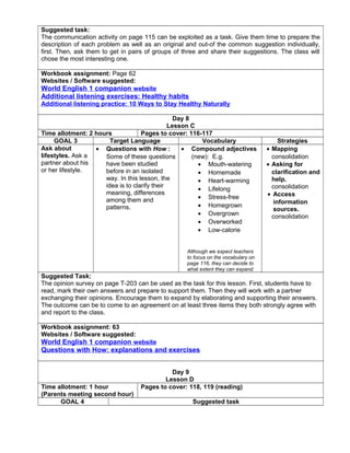 Suggested task:
The communication activity on page 115 can be exploited as a task. Give them time to prepare the
description of each problem as well as an original and out-of the common suggestion individually,
first. Then, ask them to get in pairs of groups of three and share their suggestions. The class will
chose the most interesting one.
Workbook assignment: Page 62
Websites / Software suggested:
World English 1 companion website
Additional listening exercises: Healthy habits
Additional listening practice: 10 Ways to Stay Healthy Naturally
Day 8
Lesson C
Time allotment: 2 hours Pages to cover: 116-117
GOAL 3 Target Language Vocabulary Strategies
Ask about
lifestyles. Ask a
partner about his
or her lifestyle.
• Questions with How :
Some of these questions
have been studied
before in an isolated
way. In this lesson, the
idea is to clarify their
meaning, differences
among them and
patterns.
• Compound adjectives
(new): E.g.
• Mouth-watering
• Homemade
• Heart-warming
• Lifelong
• Stress-free
• Homegrown
• Overgrown
• Overworked
• Low-calorie
Although we expect teachers
to focus on the vocabulary on
page 116, they can decide to
what extent they can expand.
• Mapping
consolidation
• Asking for
clarification and
help.
consolidation
• Access
information
sources.
consolidation
Suggested Task:
The opinion survey on page T-203 can be used as the task for this lesson. First, students have to
read, mark their own answers and prepare to support them. Then they will work with a partner
exchanging their opinions. Encourage them to expand by elaborating and supporting their answers.
The outcome can be to come to an agreement on at least three items they both strongly agree with
and report to the class.
Workbook assignment: 63
Websites / Software suggested:
World English 1 companion website
Questions with How: explanations and exercises
Day 9
Lesson D
Time allotment: 1 hour
(Parents meeting second hour)
Pages to cover: 118, 119 (reading)
GOAL 4 Suggested task
 