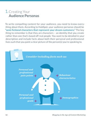 Blogging in the Age of Content Marketing10
Creating Your
Audience Personas
To write compelling content for your audience, you need to know every-
thing about them. According to HubSpot, your audience personas should be
“semi-fictional characters that represent your dream ­customers.” The key
thing to remember is that they are characters – an identity that you ­create
rather than one that’s based off real ­people. You want to be detailed in your
description and include facts about both their personal and professional
lives such that you paint a clear ­picture of the person(s) you’re speaking to. 
Consider including facts such as:
1.
Personal and
professional
goals
Demographics
Personal and
professional
pain points Behaviour
characteristics++
+ +
 