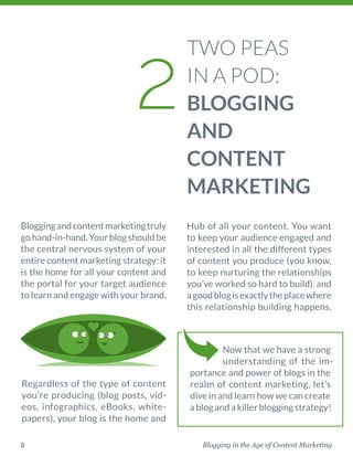 Blogging in the Age of Content Marketing8
TWO PEAS
IN A POD:
BLOGGING
AND
CONTENT
MARKETING
Now that we have a strong
understanding of the im-
portance and power of blogs in the
realm of content marketing, let’s
dive in and learn how we can create
a blog and a killer blogging strategy!
2
Bloggingandcontentmarketingtruly
gohand-in-hand.Yourblogshouldbe
the central nervous system of your
entire content marketing strategy: it
is the home for all your content and
the portal for your target audience
to learn and engage with your brand.
Regardless of the type of content
you’re producing (blog posts, vid-
eos, infographics, eBooks, white-
papers), your blog is the home and
Hub of all your content. You want
to keep your audience engaged and
interested in all the different types
of content you produce (you know,
to keep nurturing the relationships
you’ve worked so hard to build), and
agoodblogisexactlytheplacewhere
this relationship building happens.
 
