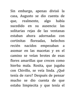 Sin embargo, apenas divisó la
casa, Augusto se dio cuenta de
que, realmente, algo había
sucedido en su ausencia: las
solitarias rejas de las ventanas
estaban ahora adornadas con
cortinitas floreadas, helechos
recién nacidos empezaban a
asomar en las macetas y en el
camino se veían brotes de esas
flores amarillas que crecen como
hierba mala. Rosita, que jugaba
con Chivillo, se veía linda. ¿Qué
tenía de raro? Después de pensar
mucho se dio cuenta de que
estaba limpiecita y que tenía el
 