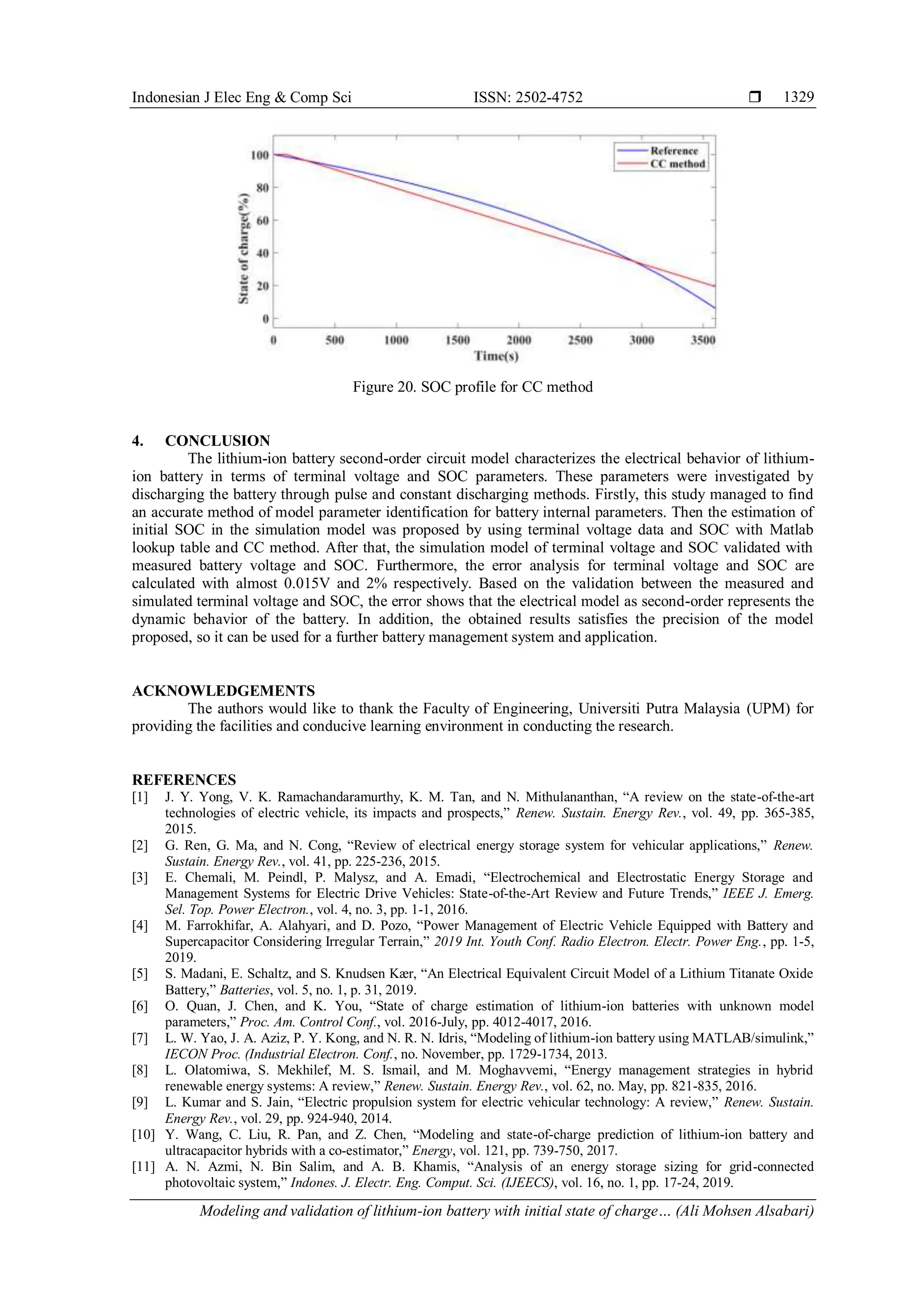 Indonesian J Elec Eng & Comp Sci ISSN: 2502-4752 
Modeling and validation of lithium-ion battery with initial state of charge… (Ali Mohsen Alsabari)
1329
Figure 20. SOC profile for CC method
4. CONCLUSION
The lithium-ion battery second-order circuit model characterizes the electrical behavior of lithium-
ion battery in terms of terminal voltage and SOC parameters. These parameters were investigated by
discharging the battery through pulse and constant discharging methods. Firstly, this study managed to find
an accurate method of model parameter identification for battery internal parameters. Then the estimation of
initial SOC in the simulation model was proposed by using terminal voltage data and SOC with Matlab
lookup table and CC method. After that, the simulation model of terminal voltage and SOC validated with
measured battery voltage and SOC. Furthermore, the error analysis for terminal voltage and SOC are
calculated with almost 0.015V and 2% respectively. Based on the validation between the measured and
simulated terminal voltage and SOC, the error shows that the electrical model as second-order represents the
dynamic behavior of the battery. In addition, the obtained results satisfies the precision of the model
proposed, so it can be used for a further battery management system and application.
ACKNOWLEDGEMENTS
The authors would like to thank the Faculty of Engineering, Universiti Putra Malaysia (UPM) for
providing the facilities and conducive learning environment in conducting the research.
REFERENCES
[1] J. Y. Yong, V. K. Ramachandaramurthy, K. M. Tan, and N. Mithulananthan, “A review on the state-of-the-art
technologies of electric vehicle, its impacts and prospects,” Renew. Sustain. Energy Rev., vol. 49, pp. 365-385,
2015.
[2] G. Ren, G. Ma, and N. Cong, “Review of electrical energy storage system for vehicular applications,” Renew.
Sustain. Energy Rev., vol. 41, pp. 225-236, 2015.
[3] E. Chemali, M. Peindl, P. Malysz, and A. Emadi, “Electrochemical and Electrostatic Energy Storage and
Management Systems for Electric Drive Vehicles: State-of-the-Art Review and Future Trends,” IEEE J. Emerg.
Sel. Top. Power Electron., vol. 4, no. 3, pp. 1-1, 2016.
[4] M. Farrokhifar, A. Alahyari, and D. Pozo, “Power Management of Electric Vehicle Equipped with Battery and
Supercapacitor Considering Irregular Terrain,” 2019 Int. Youth Conf. Radio Electron. Electr. Power Eng., pp. 1-5,
2019.
[5] S. Madani, E. Schaltz, and S. Knudsen Kær, “An Electrical Equivalent Circuit Model of a Lithium Titanate Oxide
Battery,” Batteries, vol. 5, no. 1, p. 31, 2019.
[6] O. Quan, J. Chen, and K. You, “State of charge estimation of lithium-ion batteries with unknown model
parameters,” Proc. Am. Control Conf., vol. 2016-July, pp. 4012-4017, 2016.
[7] L. W. Yao, J. A. Aziz, P. Y. Kong, and N. R. N. Idris, “Modeling of lithium-ion battery using MATLAB/simulink,”
IECON Proc. (Industrial Electron. Conf., no. November, pp. 1729-1734, 2013.
[8] L. Olatomiwa, S. Mekhilef, M. S. Ismail, and M. Moghavvemi, “Energy management strategies in hybrid
renewable energy systems: A review,” Renew. Sustain. Energy Rev., vol. 62, no. May, pp. 821-835, 2016.
[9] L. Kumar and S. Jain, “Electric propulsion system for electric vehicular technology: A review,” Renew. Sustain.
Energy Rev., vol. 29, pp. 924-940, 2014.
[10] Y. Wang, C. Liu, R. Pan, and Z. Chen, “Modeling and state-of-charge prediction of lithium-ion battery and
ultracapacitor hybrids with a co-estimator,” Energy, vol. 121, pp. 739-750, 2017.
[11] A. N. Azmi, N. Bin Salim, and A. B. Khamis, “Analysis of an energy storage sizing for grid-connected
photovoltaic system,” Indones. J. Electr. Eng. Comput. Sci. (IJEECS), vol. 16, no. 1, pp. 17-24, 2019.
 