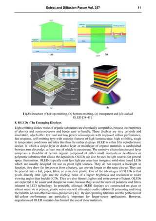 Fig.5: Structure of (a) top emitting, (b) bottom emitting, (c) transparent and (d) stacked
OLED [38-41].
8. OLEDs -The Emerging Displays
Light emitting diodes made of organic substances are chemically compatible, possess the properties
of plastics and semiconductors and hence easy to handle. These displays are very versatile and
innovative, which offer low cost and low power consumption with improved colour performance,
fast response, self emitting type with superior features of high luminescence, high visibility, tough
to temperature conditions and ultra thin than the earlier displays. OLED is a thin film optoelectronic
device, in which a single layer or double layer or multilayer of organic materials is sandwiched
between two electrodes, at least one of which is transparent. The emissive electroluminescent layer
comprises a thin-film of certain organic compound of either small molecule or dendrimers or
polymeric substance that allows the deposition. OLEDs can also be used in light sources for general
space illumination. OLEDs typically emit less light per area than inorganic solid-state based LEDs
which are usually designed for use as point light sources. They do not require a backlight to
function, they draw far less power from a battery, can operate longer on the same charge. They can
be printed onto a foil, paper, fabric or even clear plastic. One of the advantages of OLEDs is that
pixels directly emit light and the displays boast of a higher brightness and resolution at wider
viewing angles than backlit LCDs. They are also thinner, lighter and more power-efficient. OLEDs
are expected to be easier and cheaper to make, because they avoid the need of polarizes and filters
inherent in LCD technology. In principle, although OLED displays are constructed on glass or
silicon substrate at present, plastic substrates will ultimately enable roll-to-roll processing and bring
the benefits of cost-effective mass-production [42]. Device operating lifetimes and the perfection of
full-colour performance are particularly important for larger-screen applications. However,
degradation of OLED materials has limited the use of these materials.
Defect and Diffusion Forum Vol. 357 11
 
