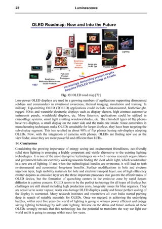 Fig. 13: OLED road map [72]
Low-power OLED displays are used in a growing numbers of applications supporting dismounted
soldiers and commanders in situational awareness, thermal imaging, simulation and training. In
military, Top-emitting OLED (TOLED) applications could include wrist-mounted, featherweight,
rugged PDAs and wearable electronic displays such as display sleeves, high-contrast automotive
instrument panels, windshield displays, etc. More futuristic applications could be utilized in
camouflage systems, smart light emitting windows/shades, etc. The clamshell types of flip phones
have two displays, a small display on the outer side and the main one inside. Since constraints in
manufacturing techniques make OLEDs unsuitable for larger displays, they have been targeting the
sub-display segment. This has resulted in about 90% of flip phones having sub-displays adopting
OLEDs. Now, with the integration of cameras with phones, OLEDs are finding new use as the
viewfinder, since they are more powerful and efficient than LCDs.
14. Conclusions
Considering the growing importance of energy saving and environment friendliness, eco-friendly
solid state lighting is emerging a highly competent and viable alternative to the existing lighting
technologies. It is one of the most disruptive technologies on which various research organizations
and government labs are currently working towards finding the ideal white light, which would usher
in a new era of lighting. If and when the technological hurdles are overcome, it will lead to both
environmental and economical long-term benefits. Surface modifications in hole and electron
injection layer, high mobility materials for hole and electron transport layer, use of high efficiency
emitter dopants as emissive layer are the three important processes that govern the effectiveness of
OLED device, but the formation of quenching centers in the emissive zone by rapid dopant
diffusion is a prime concern. OLED seems to be the perfect technology for all types of displays but
challenges are still ahead including high production costs, longevity issues for blue organics. They
are sensitive to water vapour, water can damage OLED displays easily and hence perfect sealing of
the display is warranted. Many research institutes and researchers all over India started peeping
deep in search of suitable materials for OLEDs. Once we succeed in achieving the underlying
hurdles, within next five years the world of lighting is going to witness power efficient and energy
saving lighting technology by sold state lighting. Review on the status and future outlook of these
OLEDs strongly reveals that this technology has the potential to transform the way we light our
world and it is going to emerge within next few years.
22 Luminescence
 