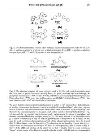Fig. 1: The chemical structure of some small molecule organic semiconductors useful for OLEDs:
Alq3 is used as an emissive layer but also as electron transport layer, PBD is used as an electron
transport layer, and TPD and NPB are used as hole transport layers.
Fig. 2: The chemical structure of some polymers used in OLEDs: (a) poly(phenylenevinylene)
(PPV) is used as green fluorescent emitting layer, (b) poly(2-methoxy-5-(2’-ethylhexoxy)-1,4-
phenylenevenylene) (MEH-PPV) (where R=CH2CH(Et)Bu) is used as orange red emitting layer, (c)
Poly(p-phenylene) (PPP) emits light in blue region, and (d) Poly(9,9-dioctylfluorene) (PFO) has
band gap energy of 2.85 eV and emits light in blue region.
We know that the outermost electron configuration in carbon is s2
p2
. Carbon shows different types
of bonding, for example, in diamond, carbon is tetrahedrally coordinated (sp3
) where every carbon
atom is bonded to four other carbon atoms. On the other hand, in Benzene, the bonding is sp2
, and
therefore, the structure is planar. In this case, each carbon atom has three sp2
hybrid orbitals (Fig.
3a), in which the two orbitals bind to the two nearby carbon atoms forming a σ-bond plane; and
the other one orbital binds to a hydrogen atom (Fig. 3b). The wave function of the fourth electron is
pz as shown schematically in Fig. 3a, and it is perpendicular to the plane of the molecule. In this
case, the weak overlapping between the pz orbitals of two adjacent carbon atoms forms the π-bond
(Fig. 3c).These bonds cause the formation of deep bonding and anti-bonding orbitals. When more
carbon atoms are introduced, according to the Pauli exclusion principle, then as shown in Fig. 4,
there will be additional splitting of the energy levels that eventually form two semi-continuous
“bands” which consist of the highest-occupied molecular orbital (HOMO) and lowest unoccupied
Defect and Diffusion Forum Vol. 357 35
 